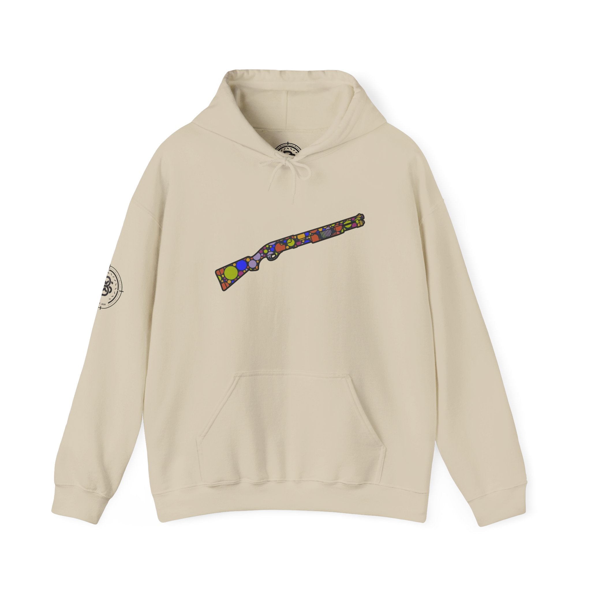 Shotgun Dot Silhouette Hoodie — Colorful Retro Hunting Sweatshirt