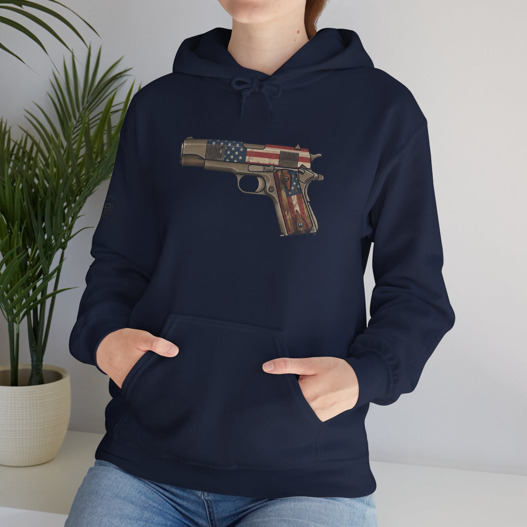 United States Flag Pistol Graphic Hoodie — Patriotic Firearm Graphic Sweatshirt