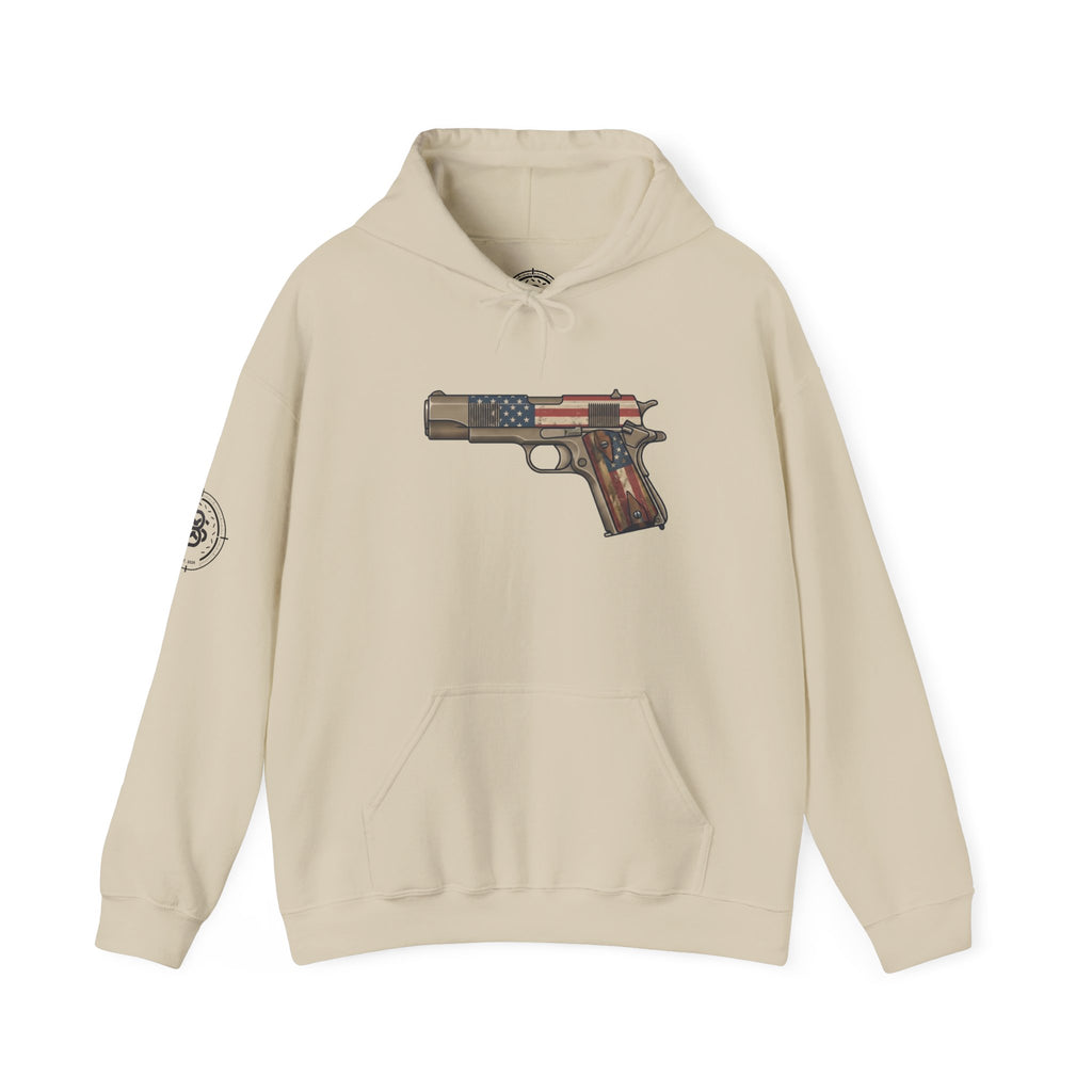 United States Flag Pistol Graphic Hoodie — Patriotic Firearm Graphic Sweatshirt