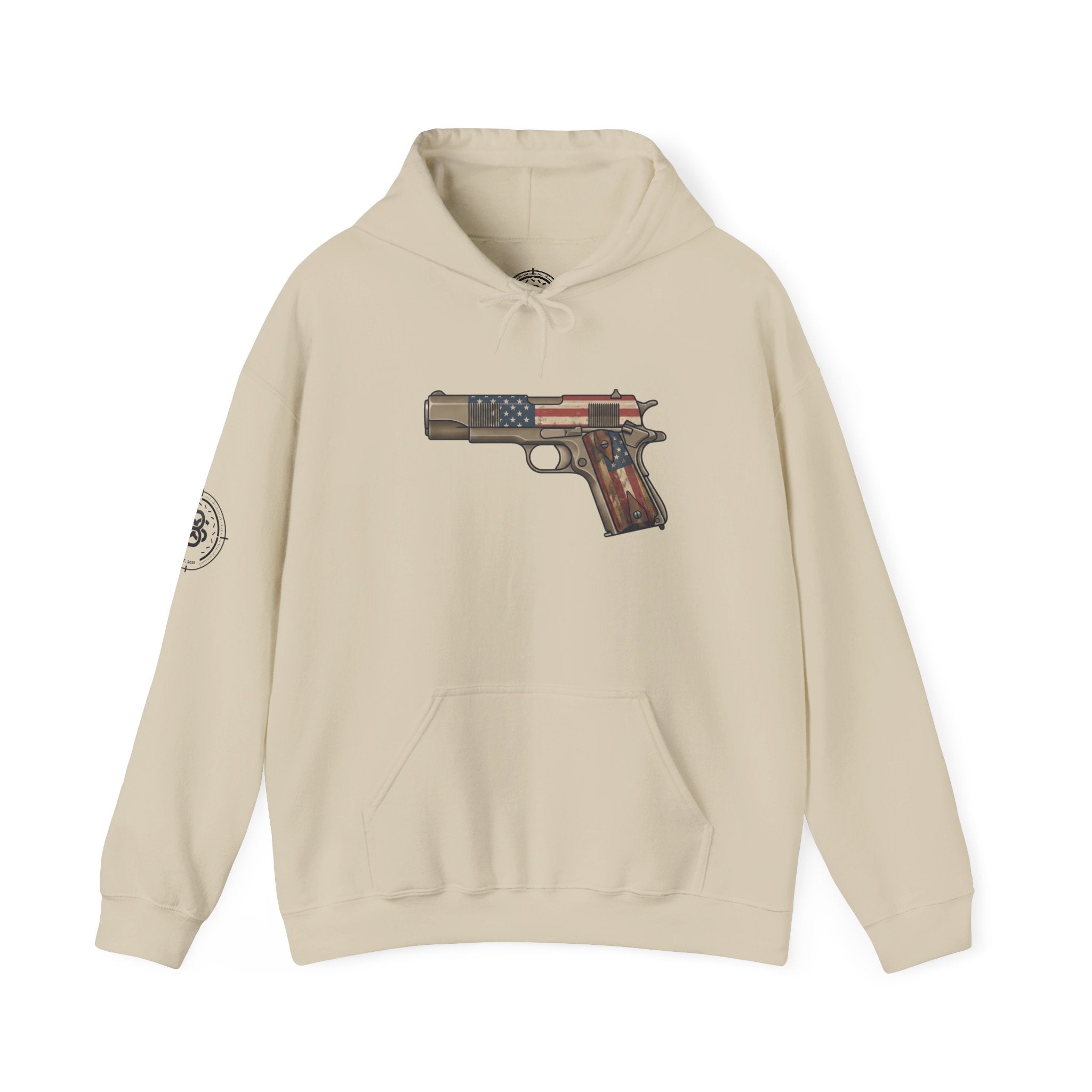 United States Flag Pistol Graphic Hoodie — Patriotic Firearm Graphic Sweatshirt