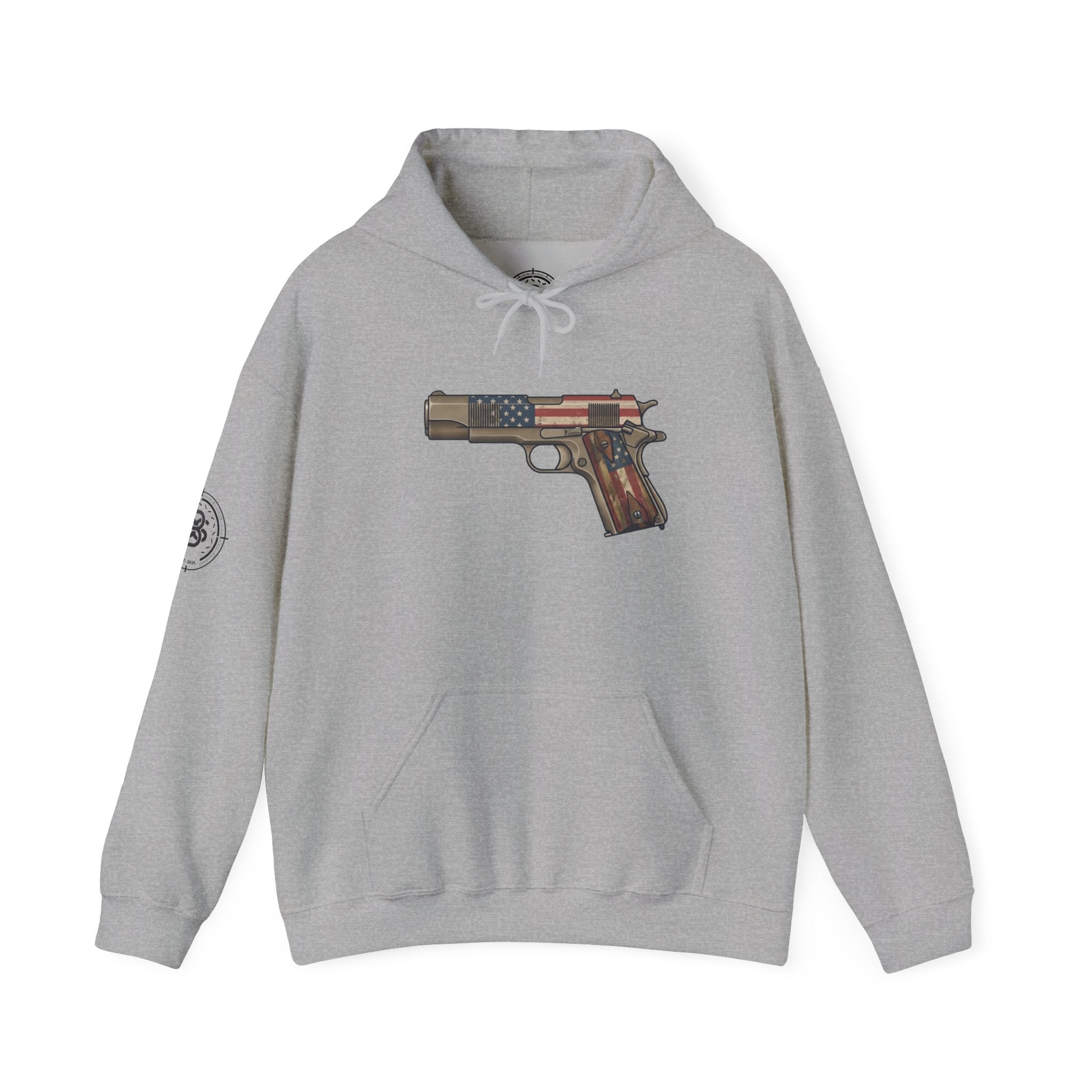 United States Flag Pistol Graphic Hoodie — Patriotic Firearm Graphic Sweatshirt