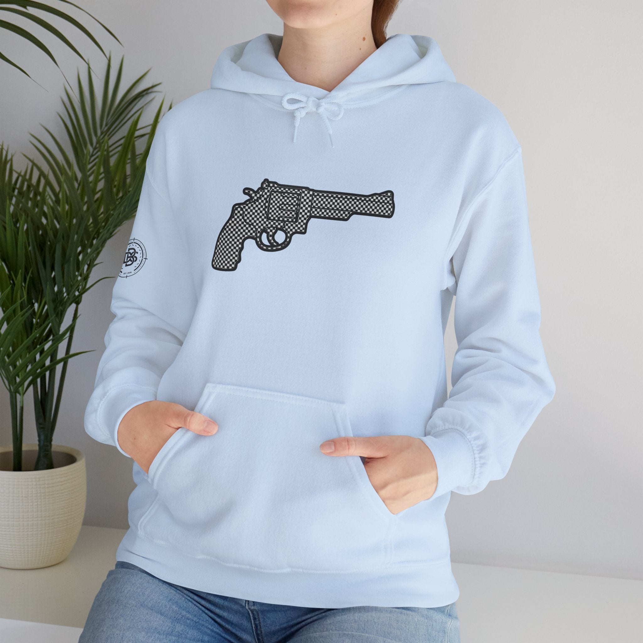 Checkered Revolver Hoodie — Retro Gun Graphic Pullover