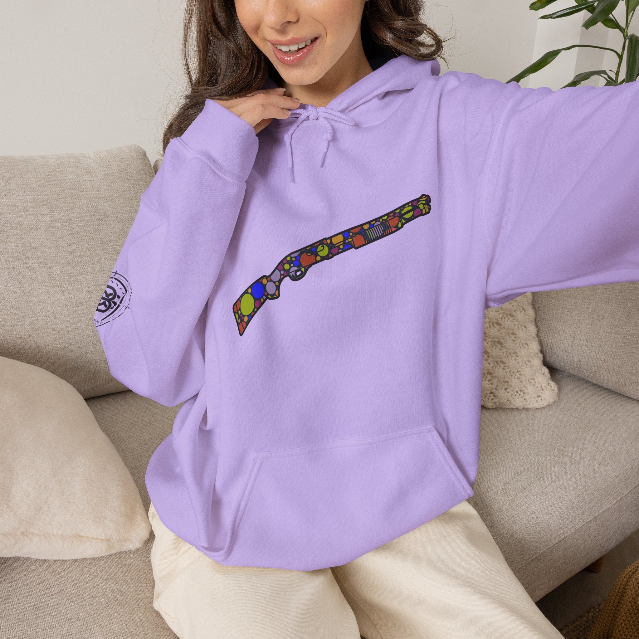 Shotgun Dot Silhouette Hoodie — Colorful Retro Hunting Sweatshirt