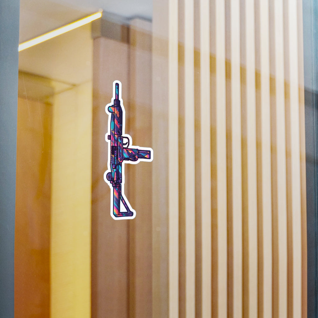Retro UZI Vinyl Sticker — Psychedelic Submachine Gun Kiss-Cut Decal
