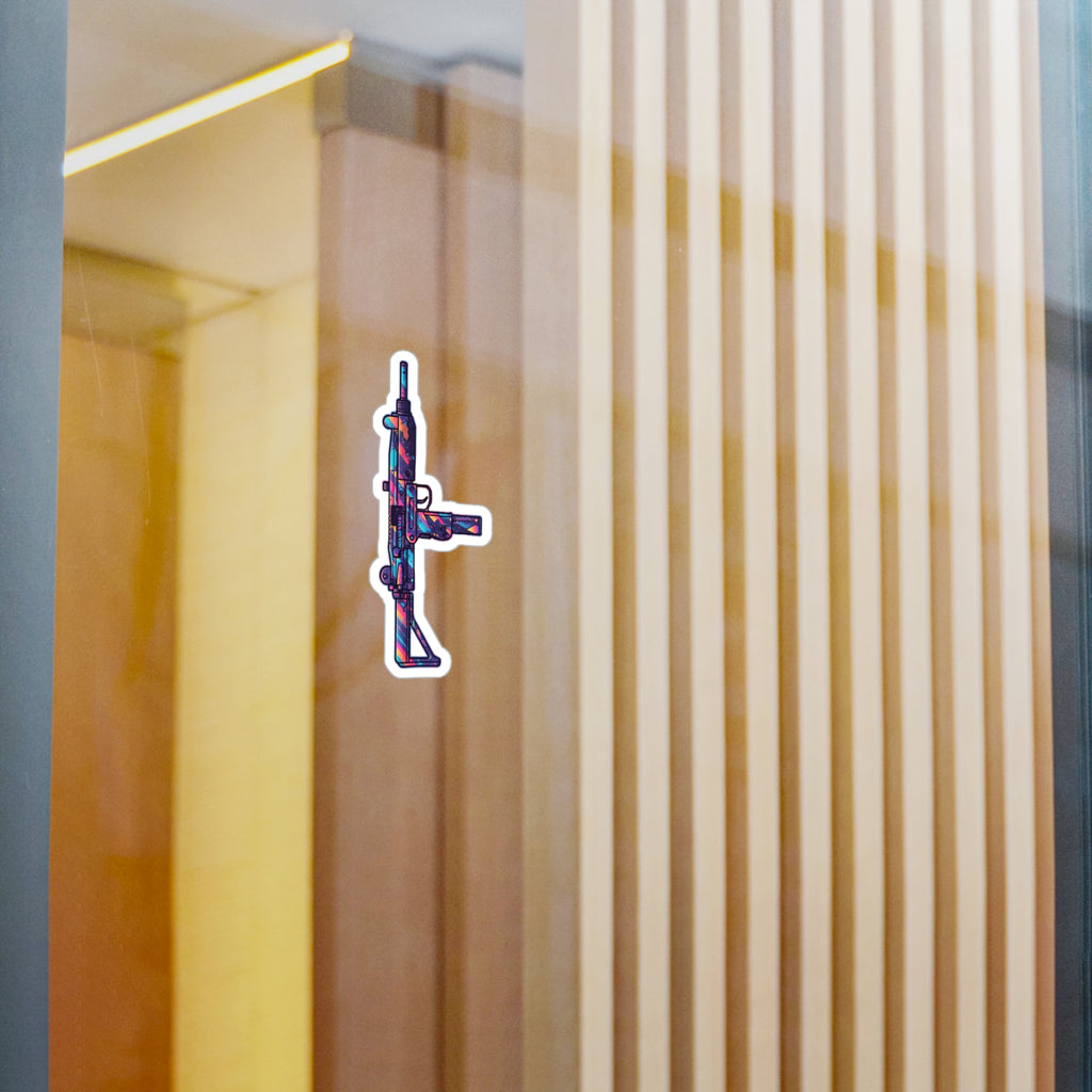 Retro UZI Vinyl Sticker — Psychedelic Submachine Gun Kiss-Cut Decal
