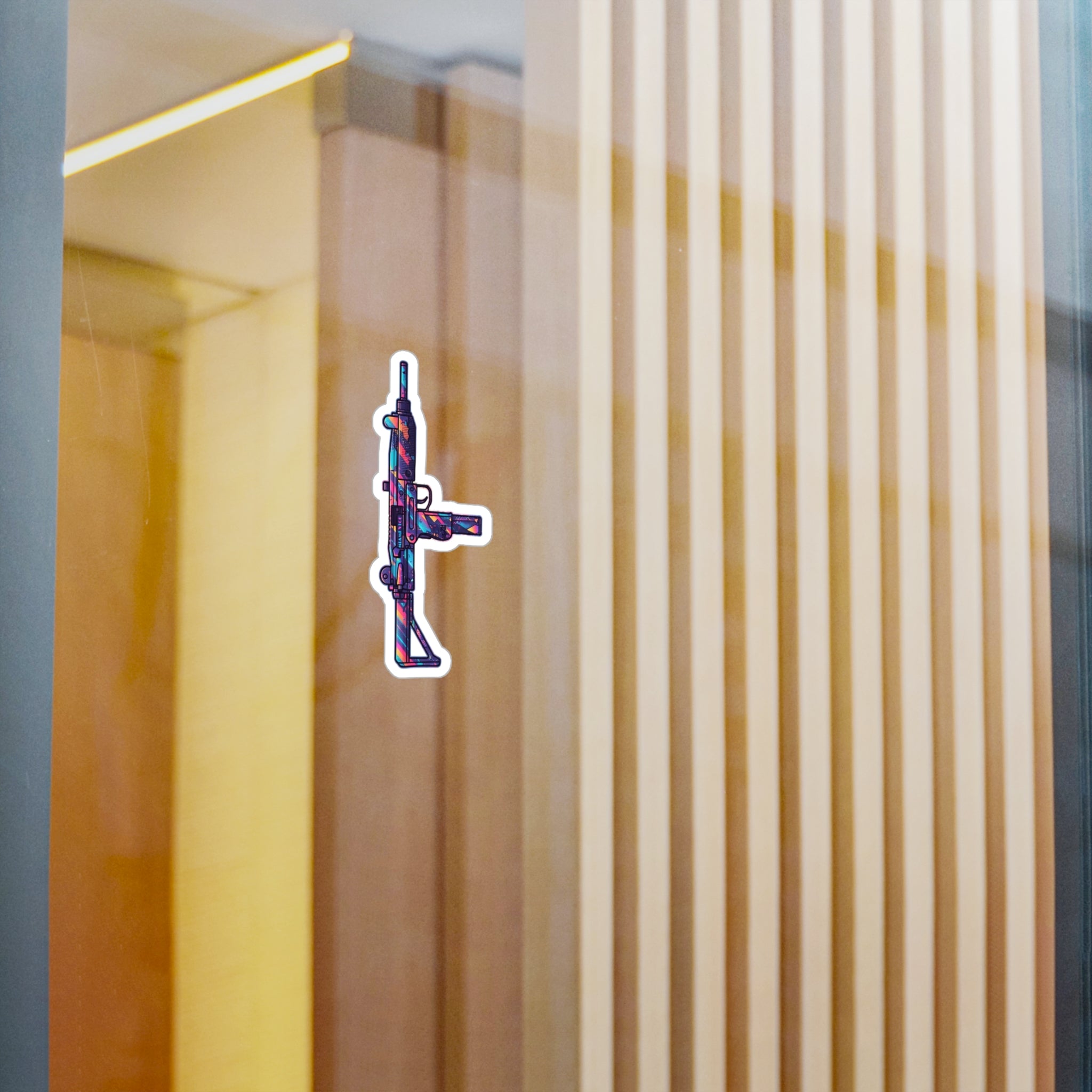 Retro UZI Vinyl Sticker — Psychedelic Submachine Gun Kiss-Cut Decal