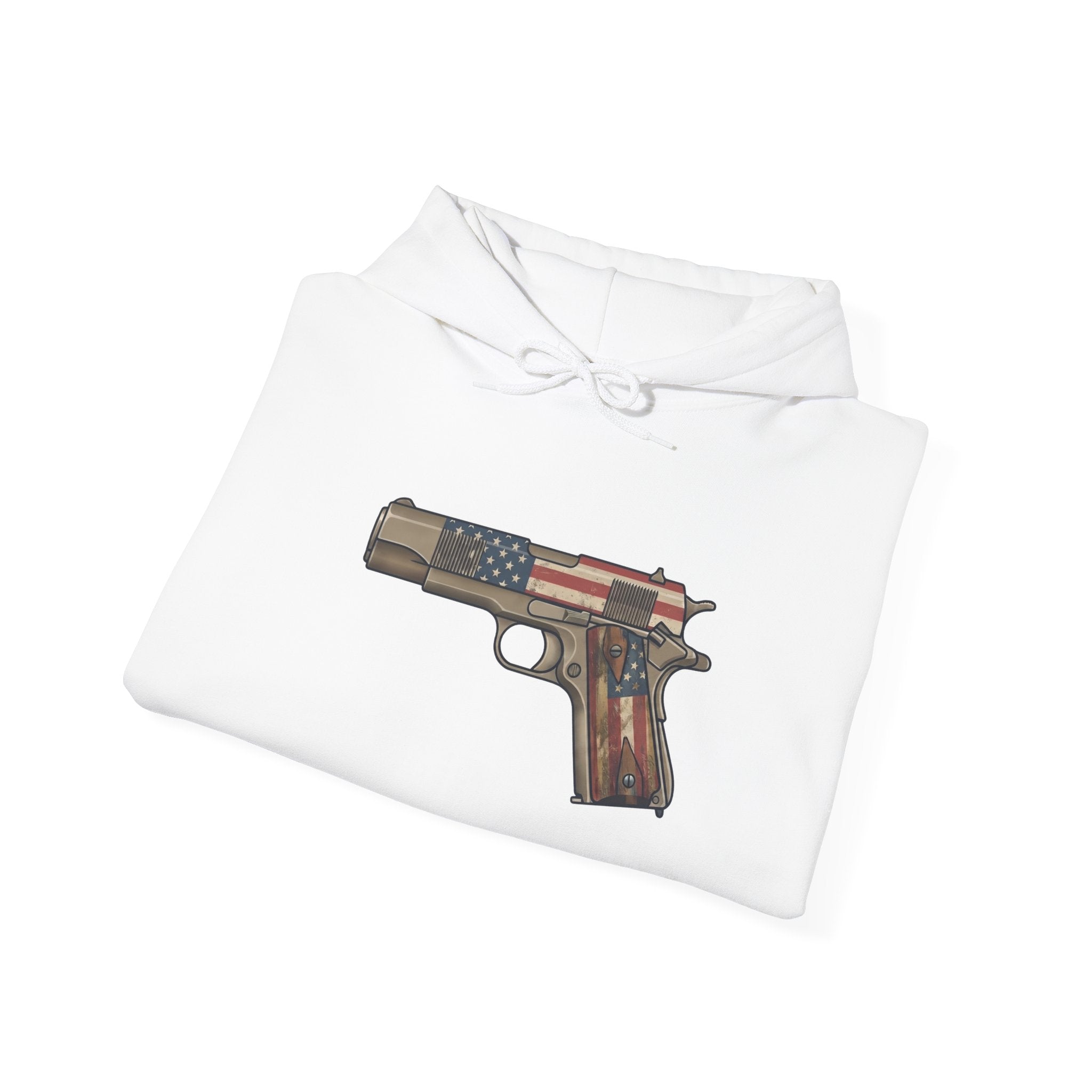 United States Flag Pistol Graphic Hoodie — Patriotic Firearm Graphic Sweatshirt