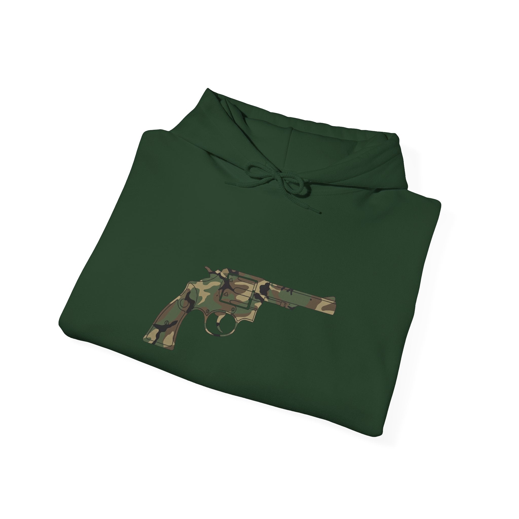 Revolver Graphic Hoodie - Vintage Camouflage Pistol Illustration