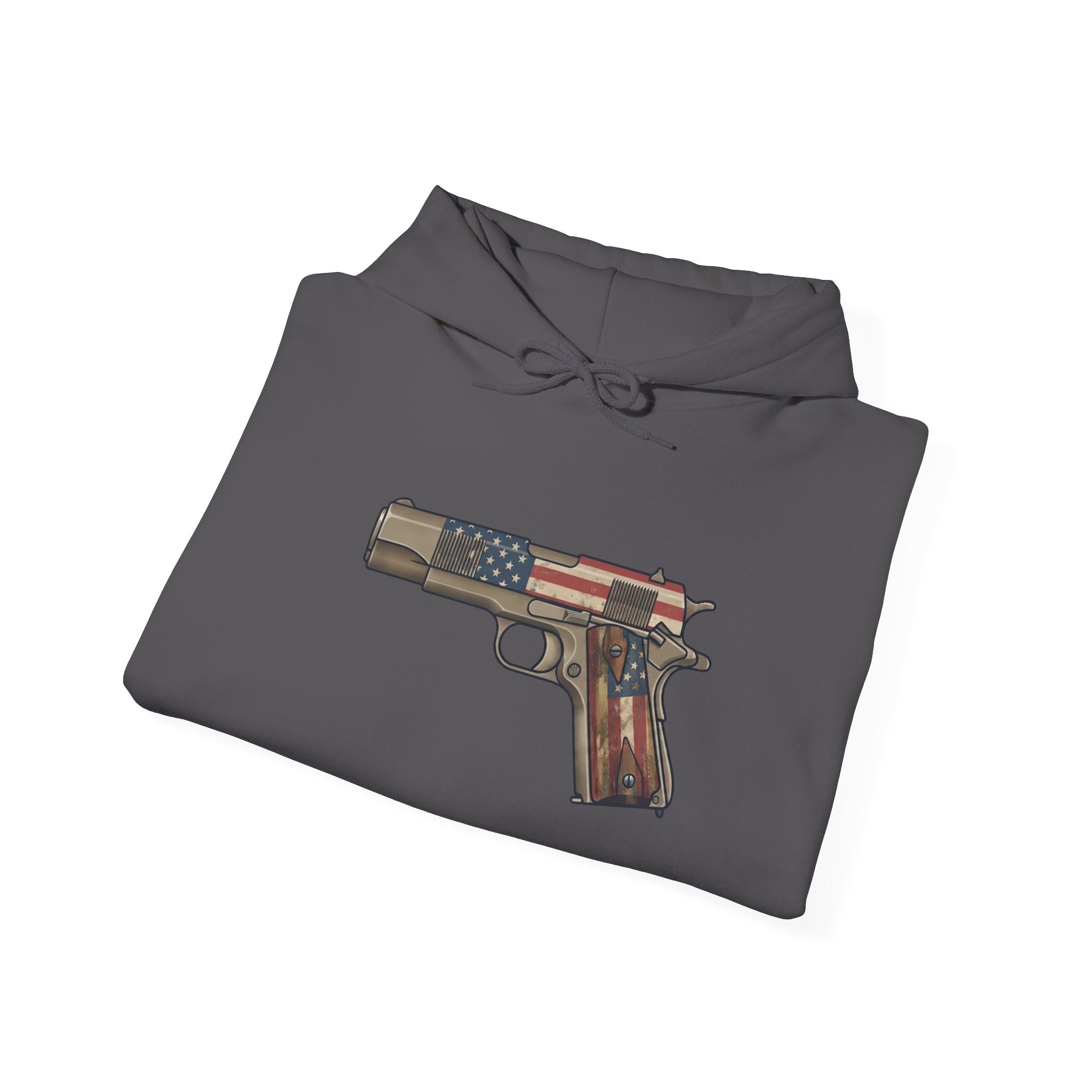 United States Flag Pistol Graphic Hoodie — Patriotic Firearm Graphic Sweatshirt