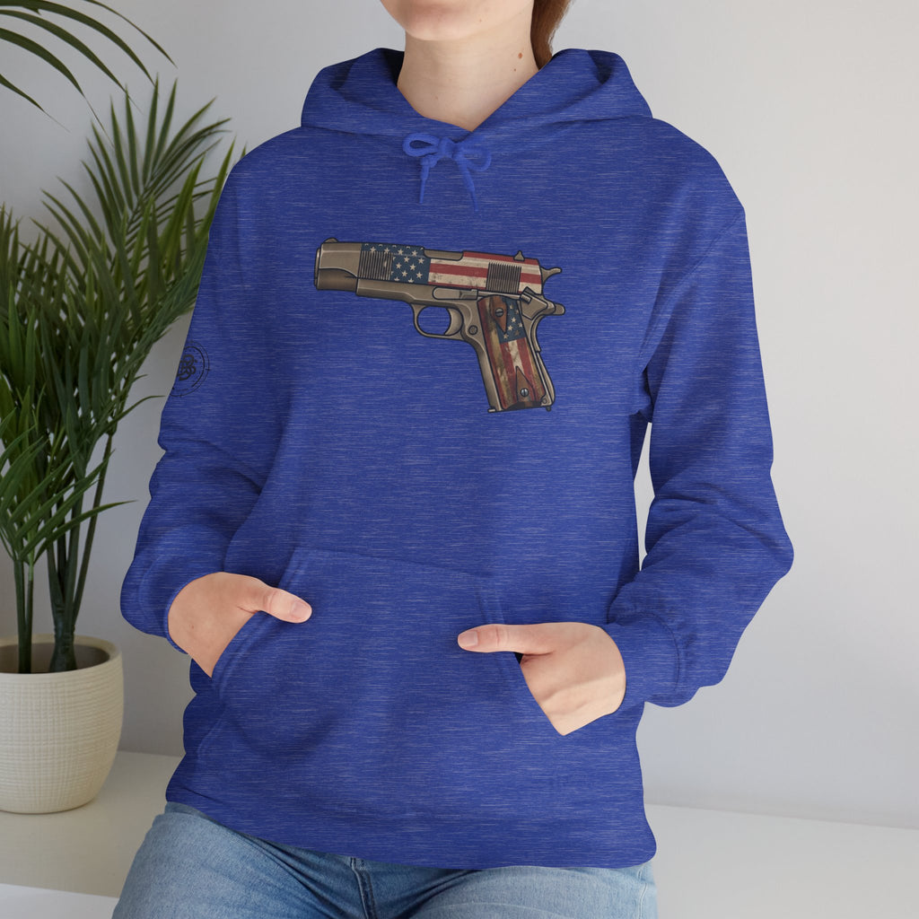 United States Flag Pistol Graphic Hoodie — Patriotic Firearm Graphic Sweatshirt