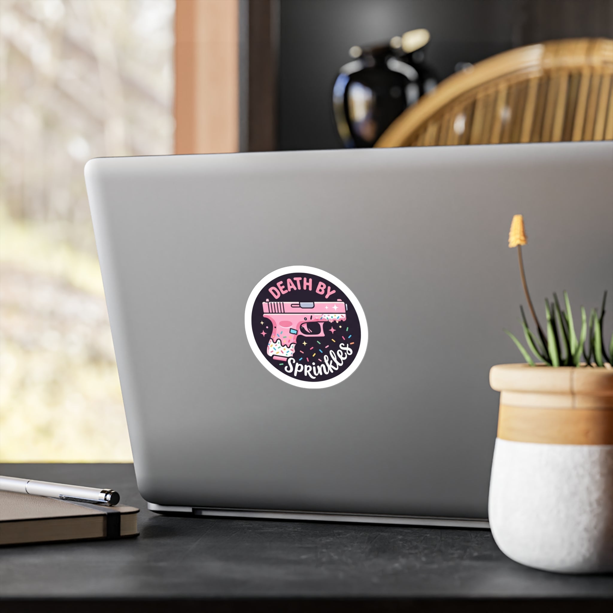 "Death by Sprinkles" Pink Gun Kiss-Cut Vinyl Decal Sticker