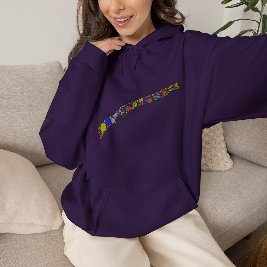 Shotgun Dot Silhouette Hoodie — Colorful Retro Hunting Sweatshirt