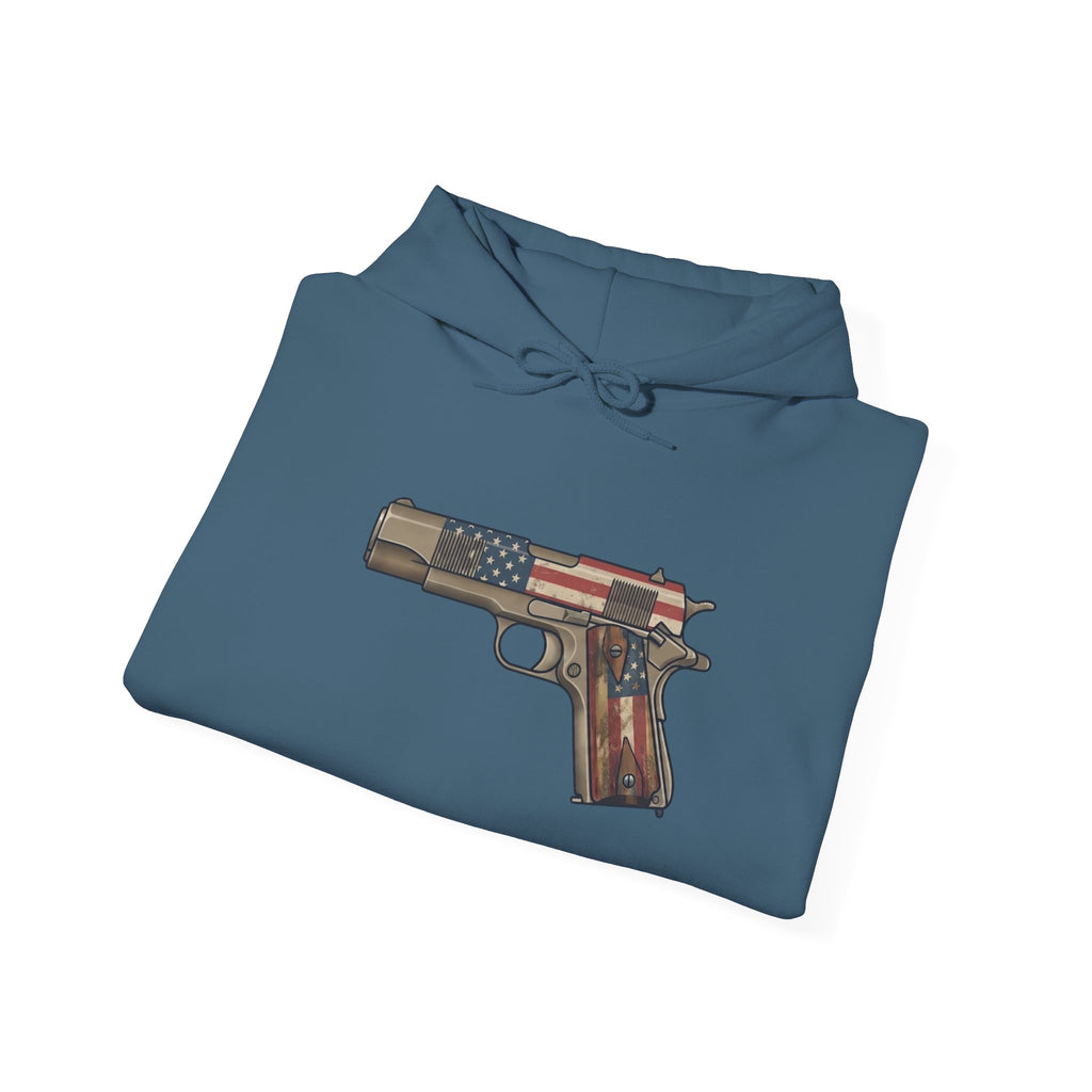 United States Flag Pistol Graphic Hoodie — Patriotic Firearm Graphic Sweatshirt
