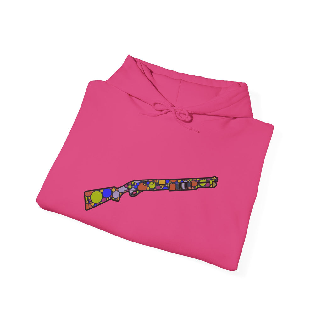 Shotgun Dot Silhouette Hoodie — Colorful Retro Hunting Sweatshirt