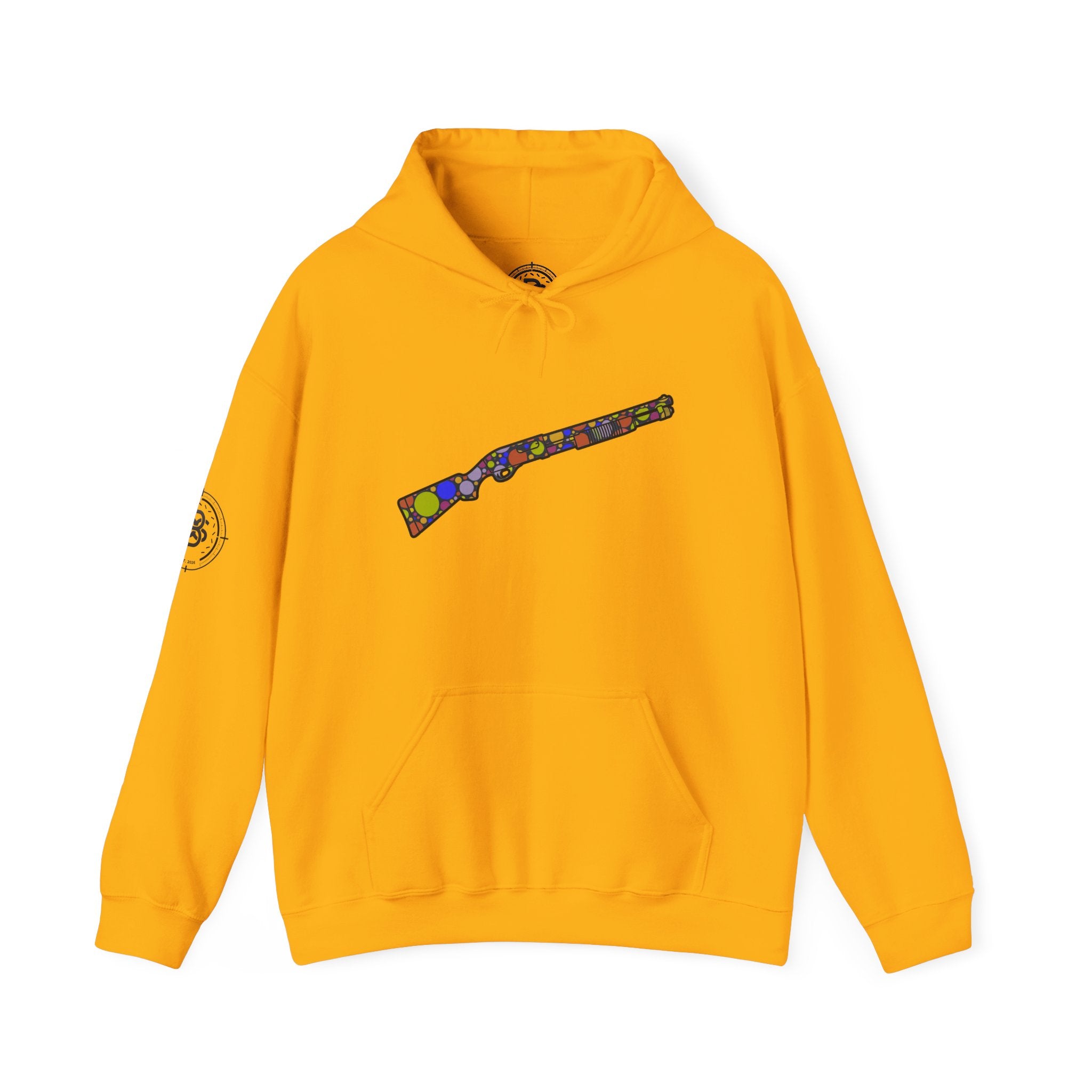 Shotgun Dot Silhouette Hoodie — Colorful Retro Hunting Sweatshirt