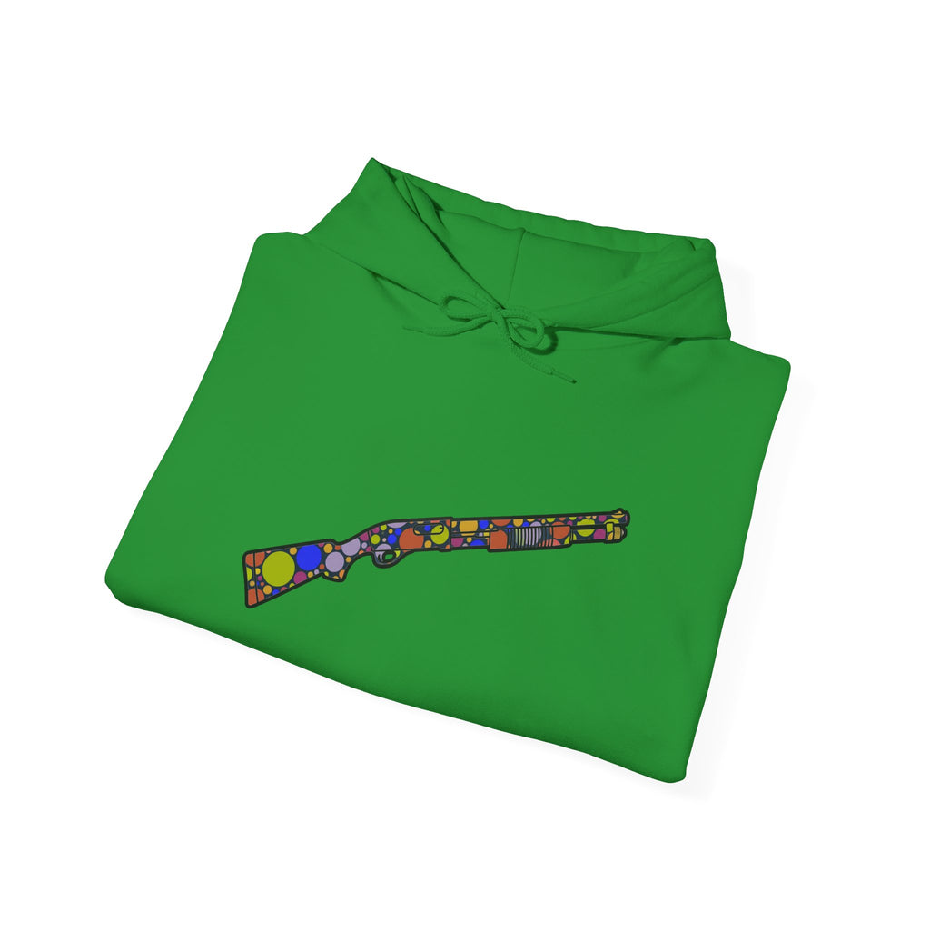 Shotgun Dot Silhouette Hoodie — Colorful Retro Hunting Sweatshirt