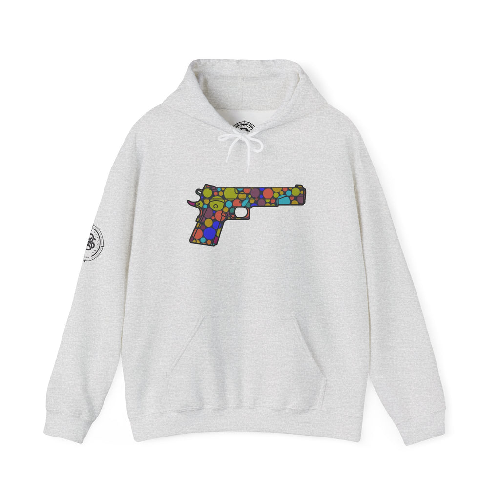 Dots Pistol Silhouette Hoodie — Colorful Mosaic Pistol Graphic Sweatshirt