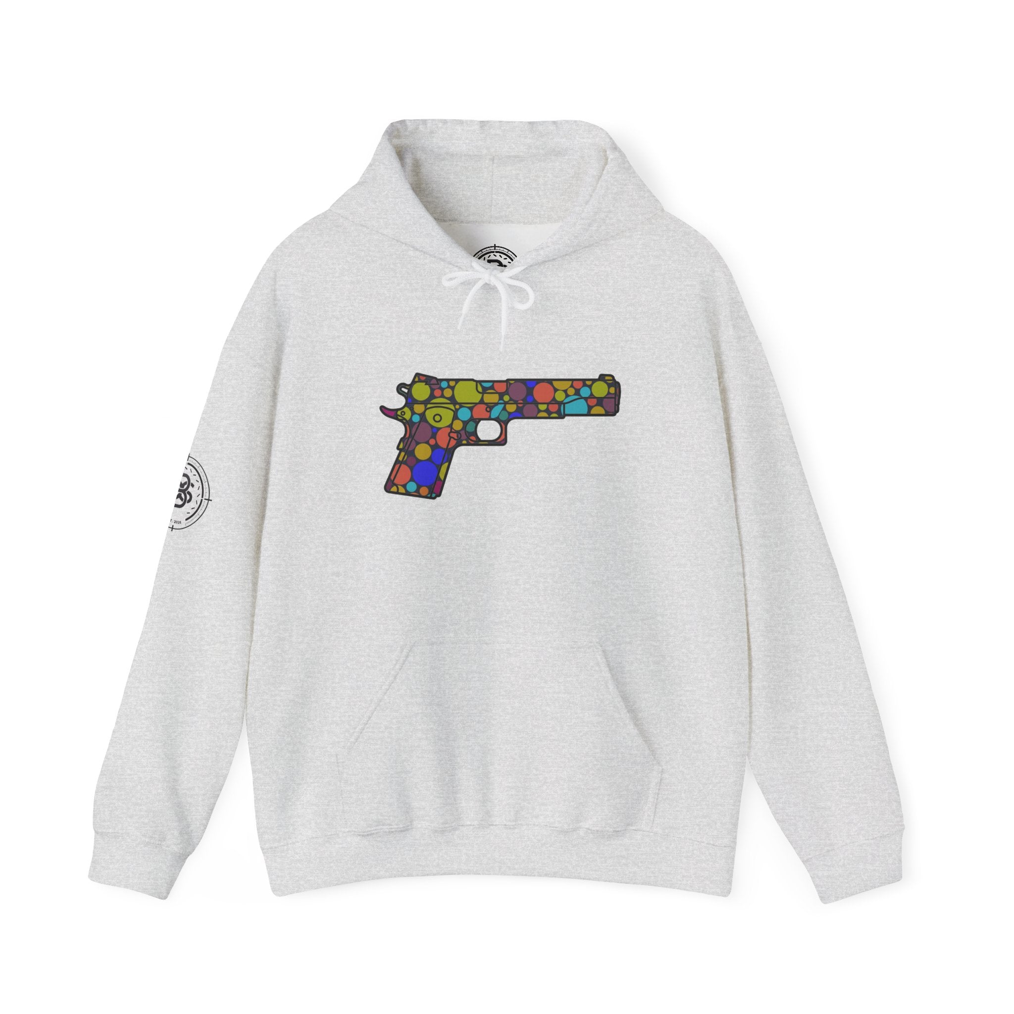 Dots Pistol Silhouette Hoodie — Colorful Mosaic Pistol Graphic Sweatshirt