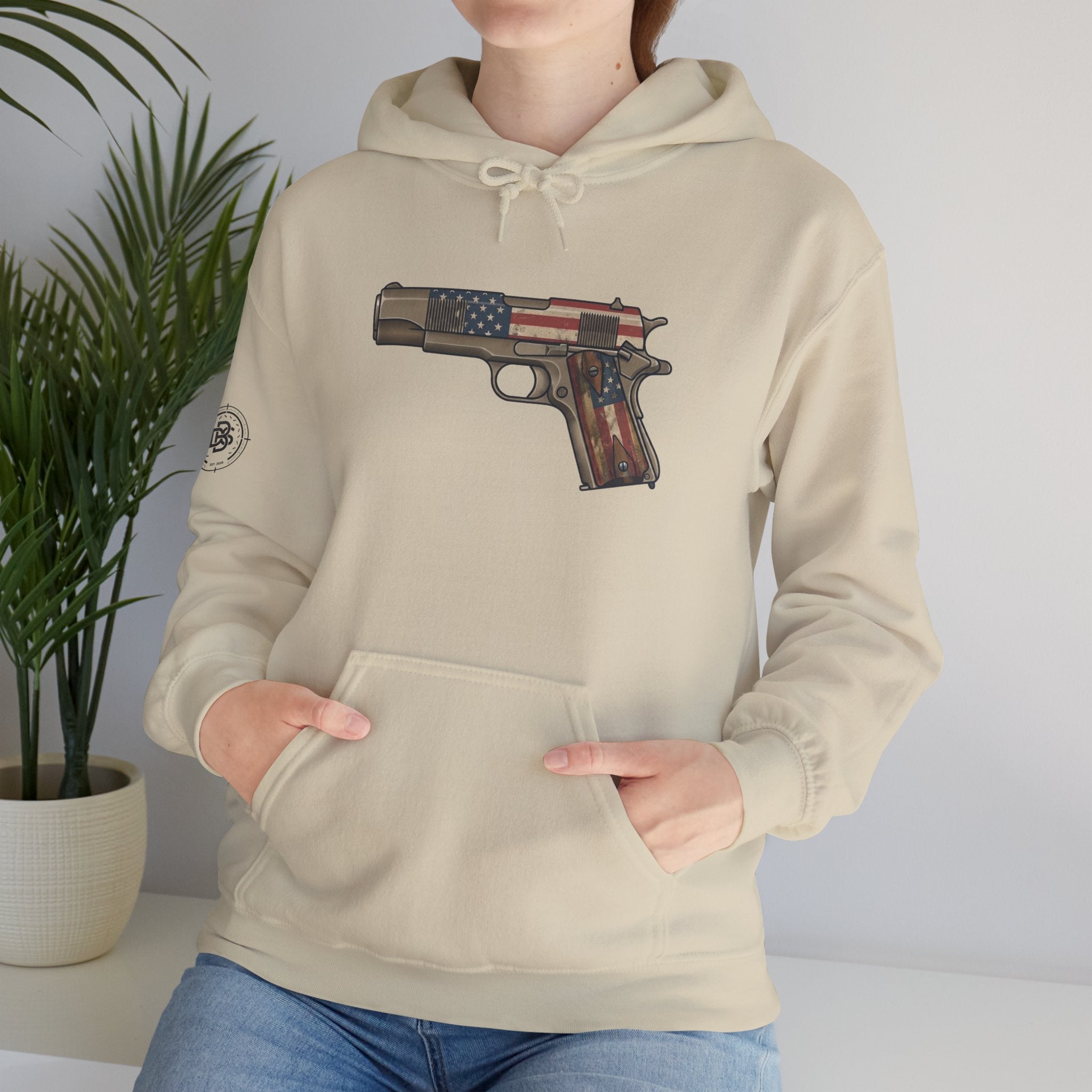 United States Flag Pistol Graphic Hoodie — Patriotic Firearm Graphic Sweatshirt