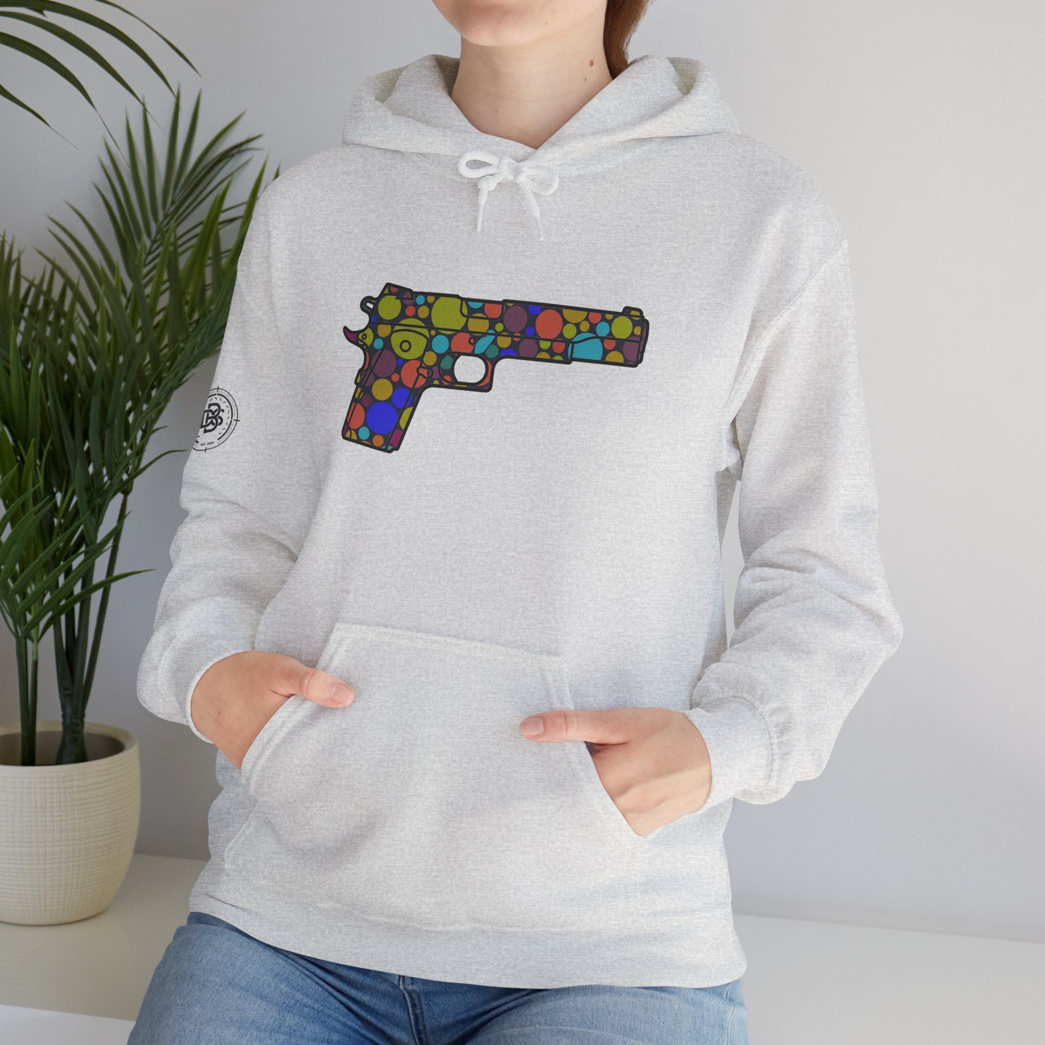 Dots Pistol Silhouette Hoodie — Colorful Mosaic Pistol Graphic Sweatshirt
