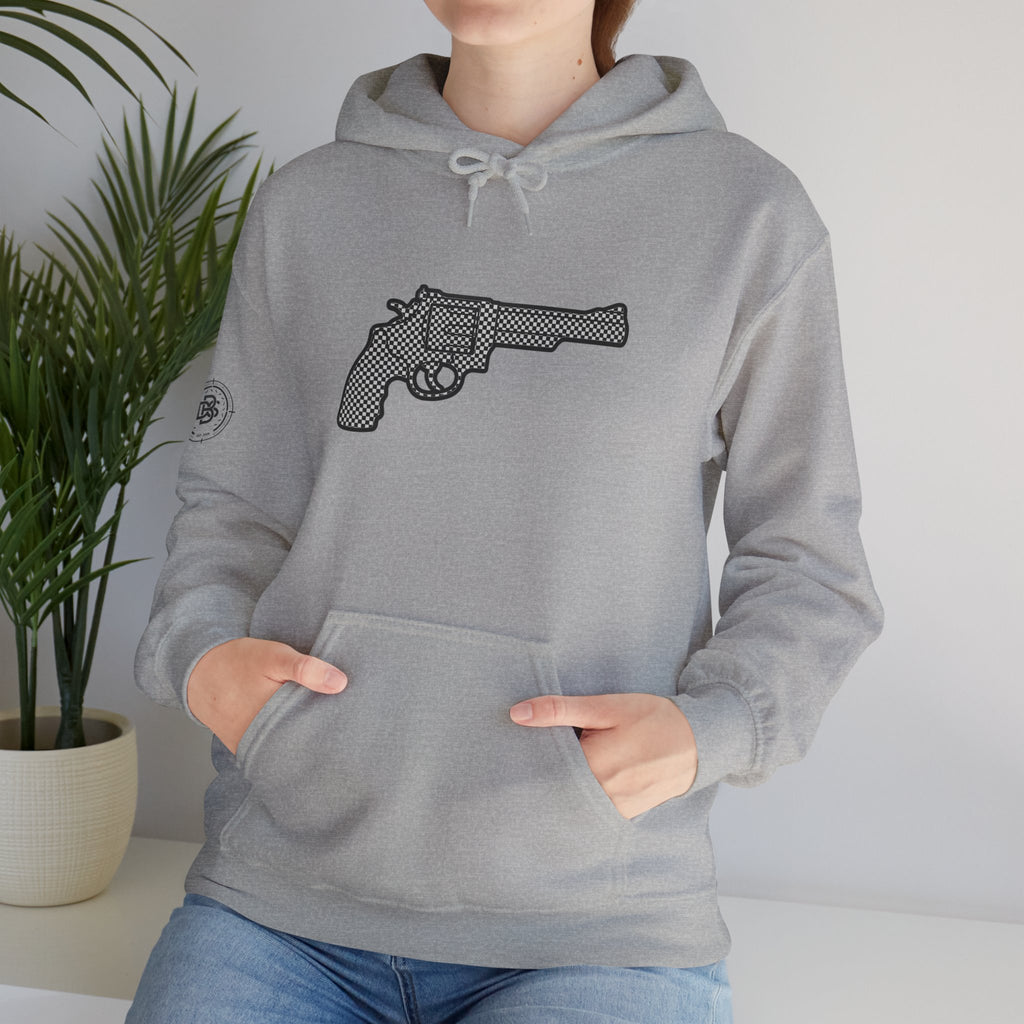 Checkered Revolver Hoodie — Retro Gun Graphic Pullover
