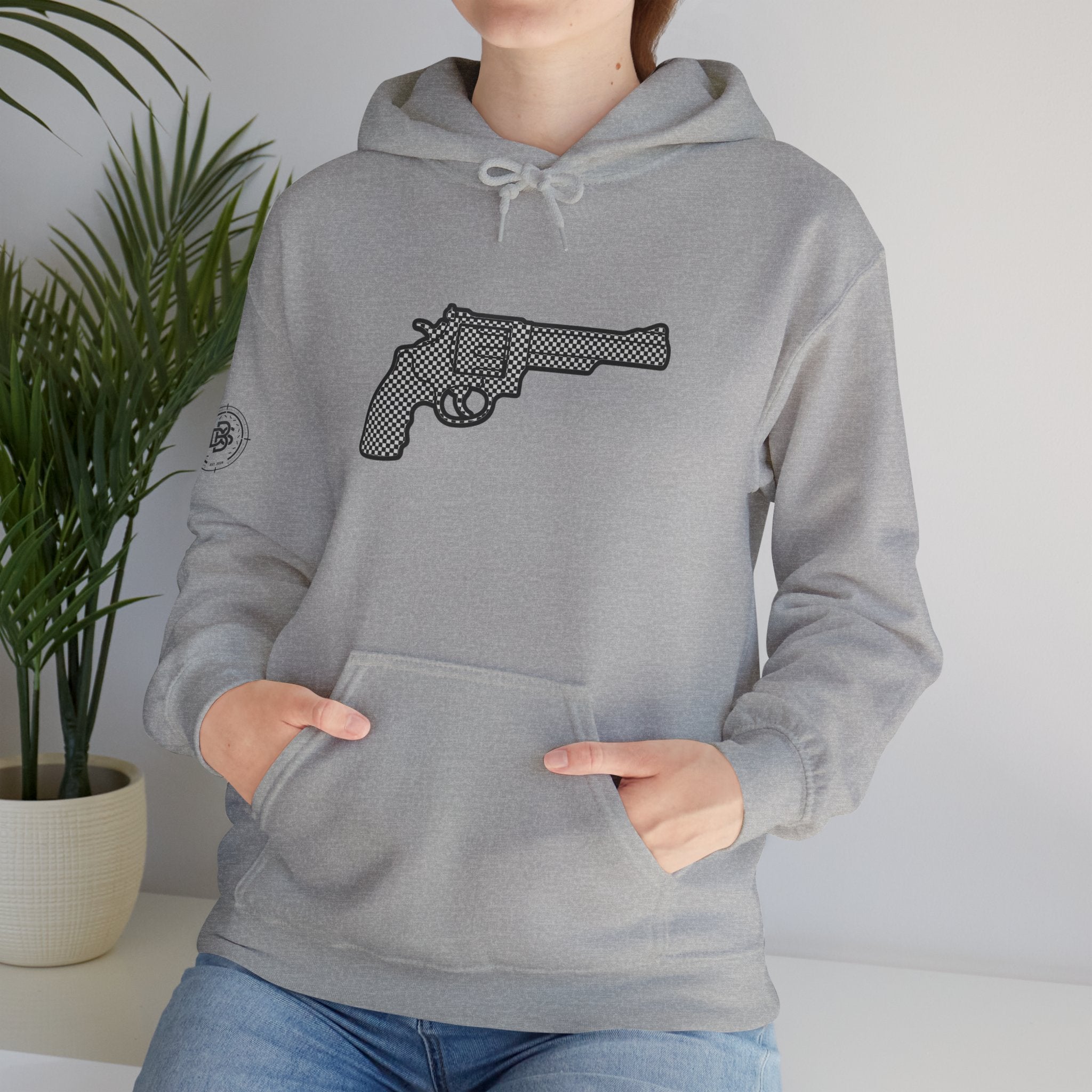 Checkered Revolver Hoodie — Retro Gun Graphic Pullover