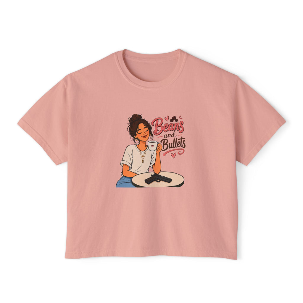 Beans and Bullets Women's Boxy Tee – Coffee Lover Graphic Crop Tee