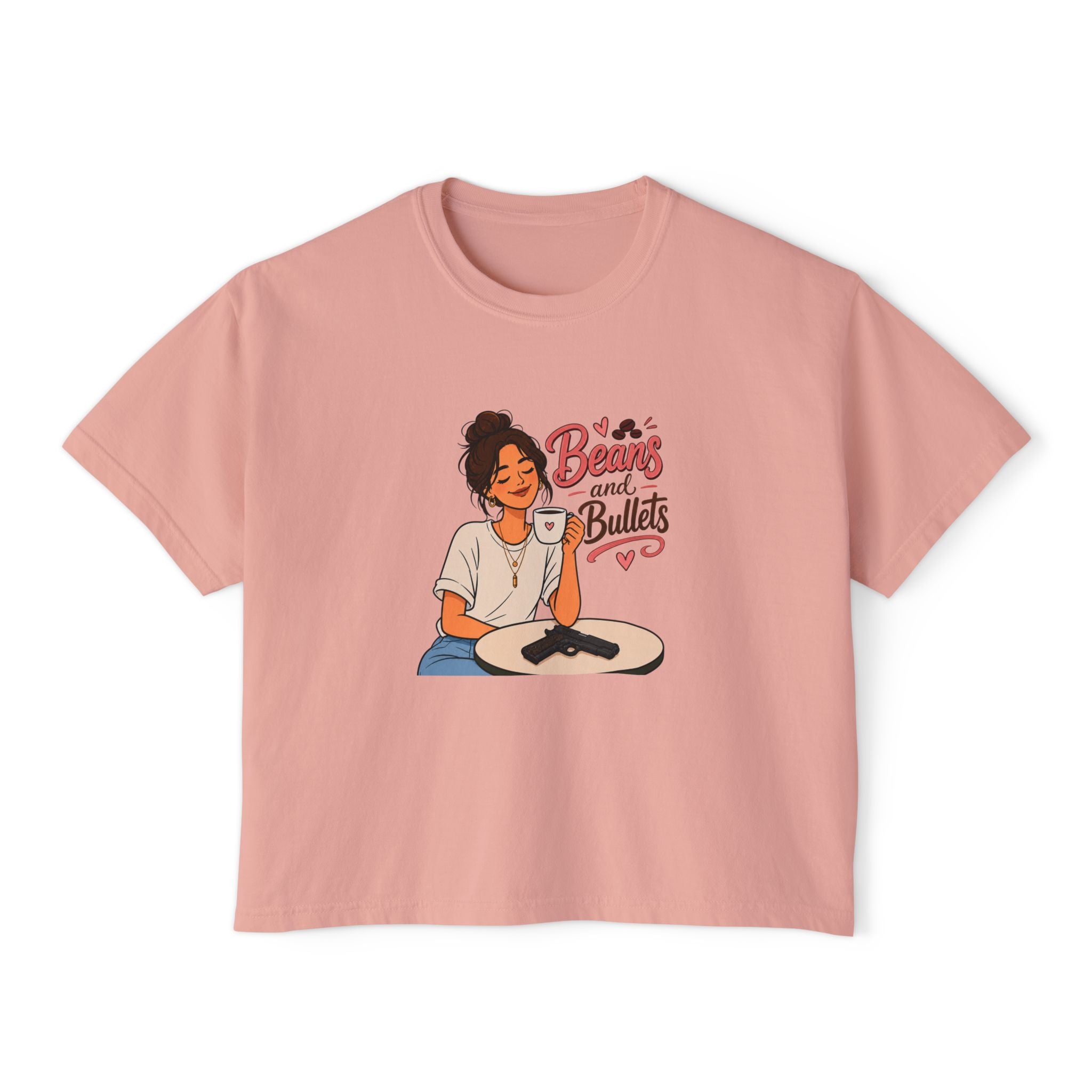 Beans and Bullets Women's Boxy Tee – Coffee Lover Graphic Crop Tee
