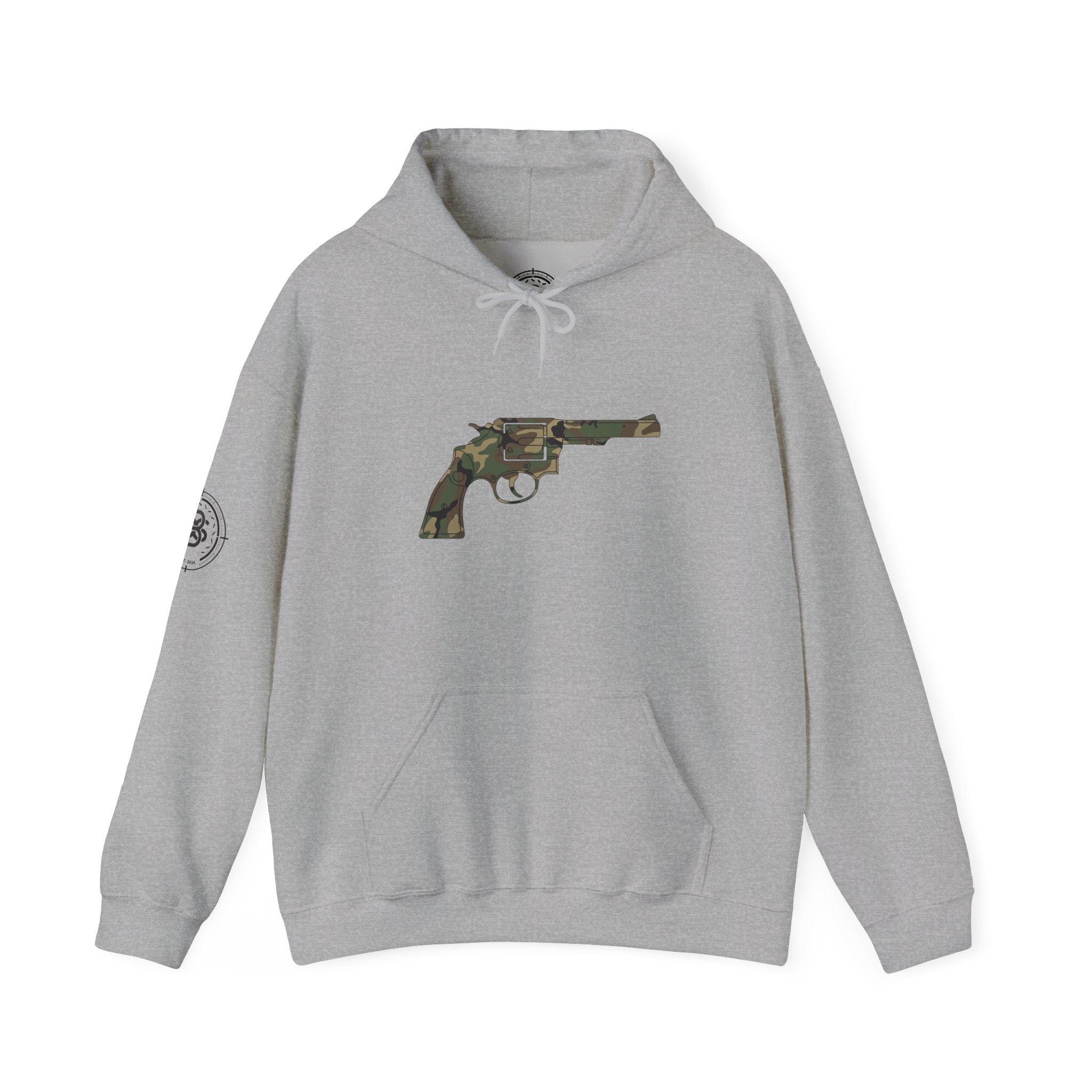 Revolver Graphic Hoodie - Vintage Camouflage Pistol Illustration
