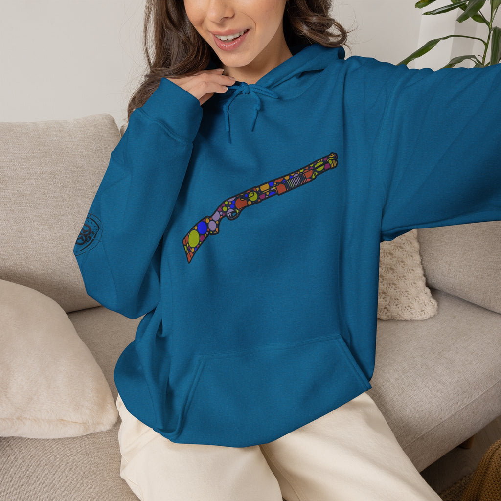 Shotgun Dot Silhouette Hoodie — Colorful Retro Hunting Sweatshirt