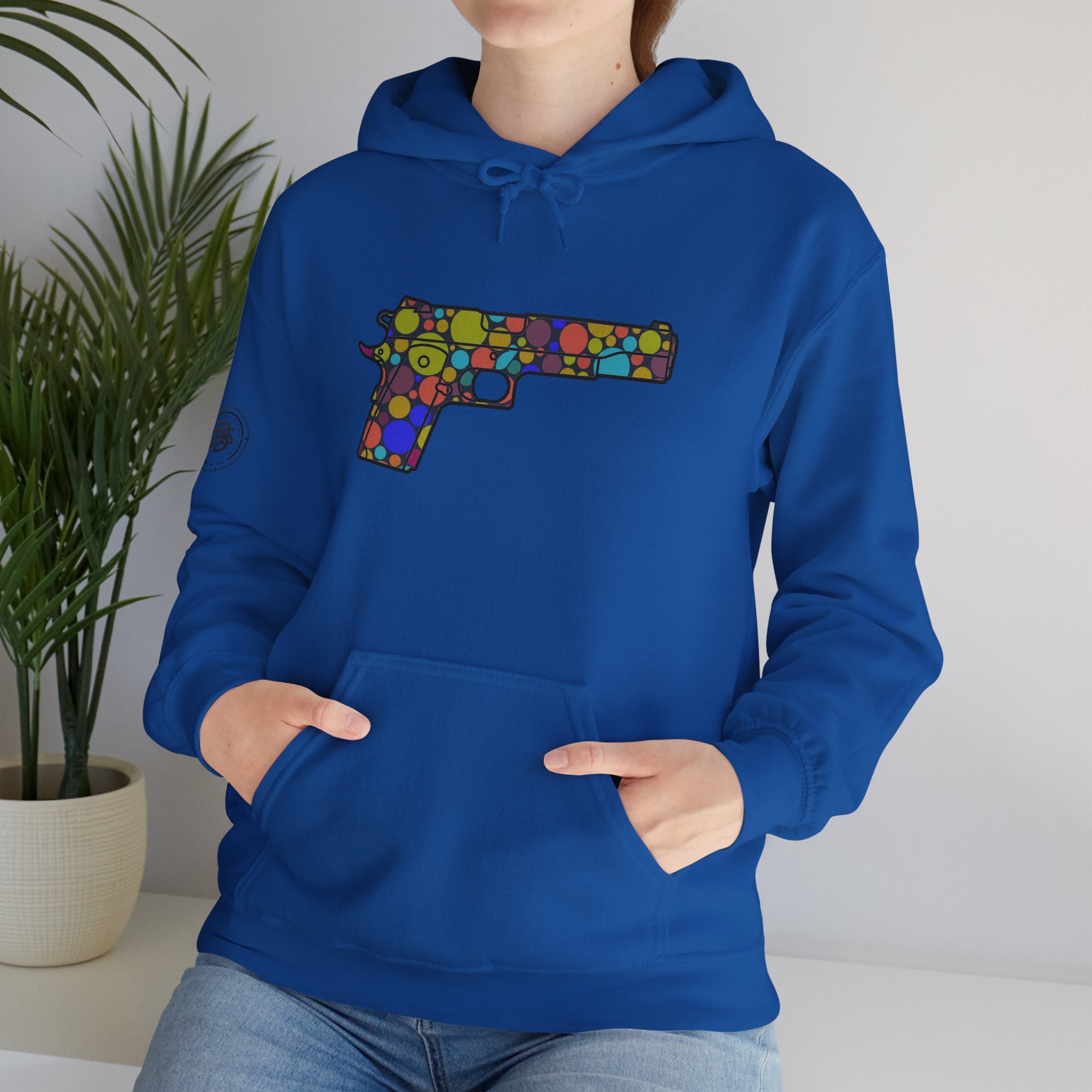 Dots Pistol Silhouette Hoodie — Colorful Mosaic Pistol Graphic Sweatshirt