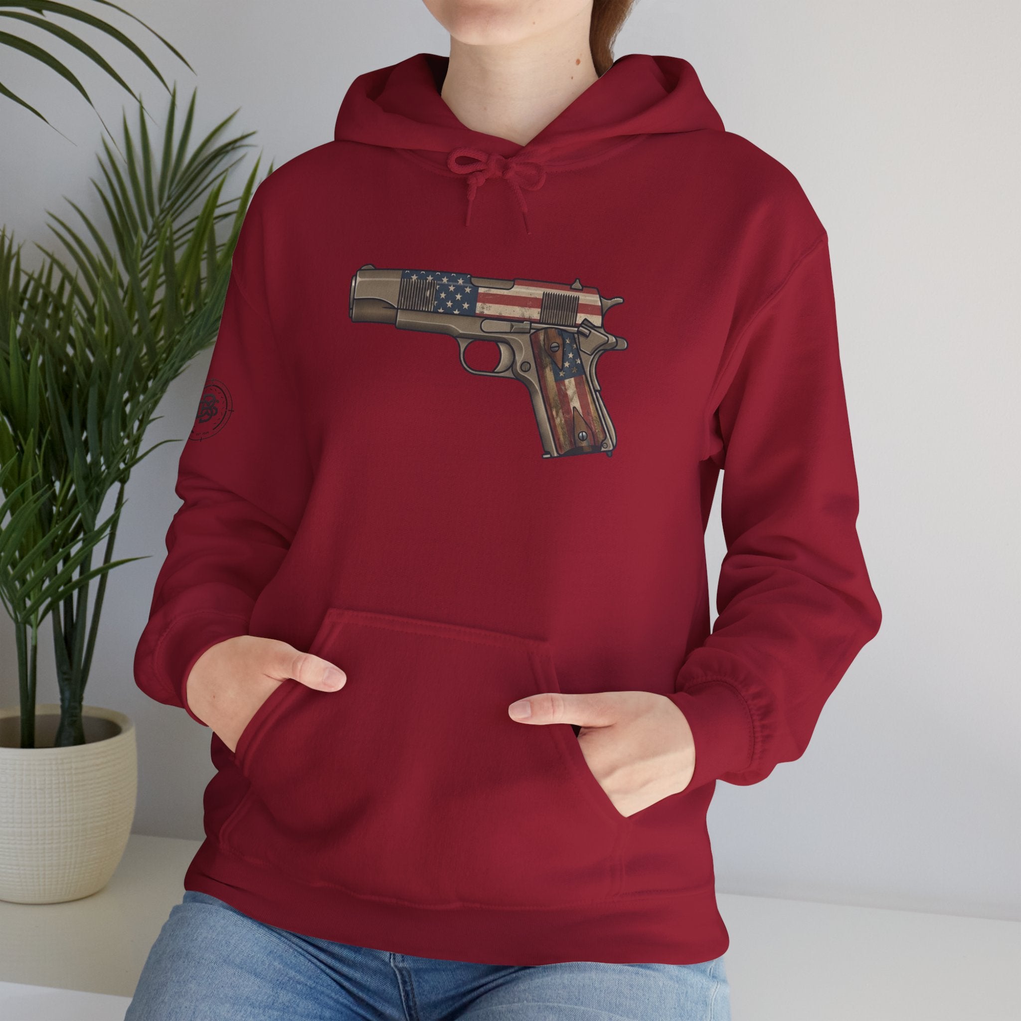 United States Flag Pistol Graphic Hoodie — Patriotic Firearm Graphic Sweatshirt