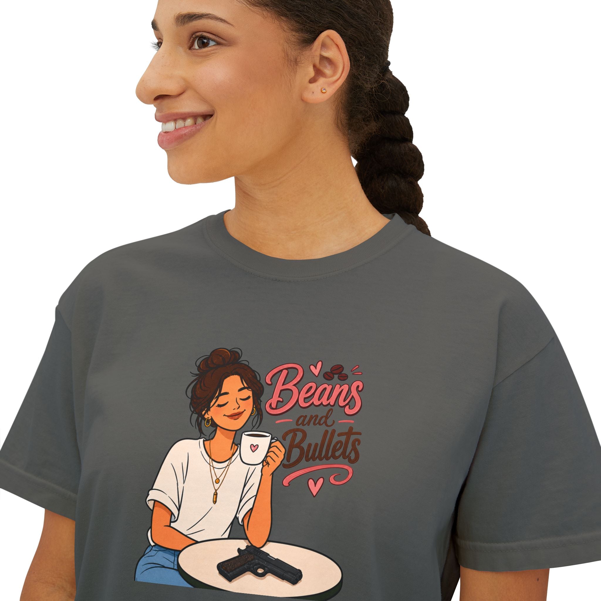 Beans and Bullets Women's Boxy Tee – Coffee Lover Graphic Crop Tee