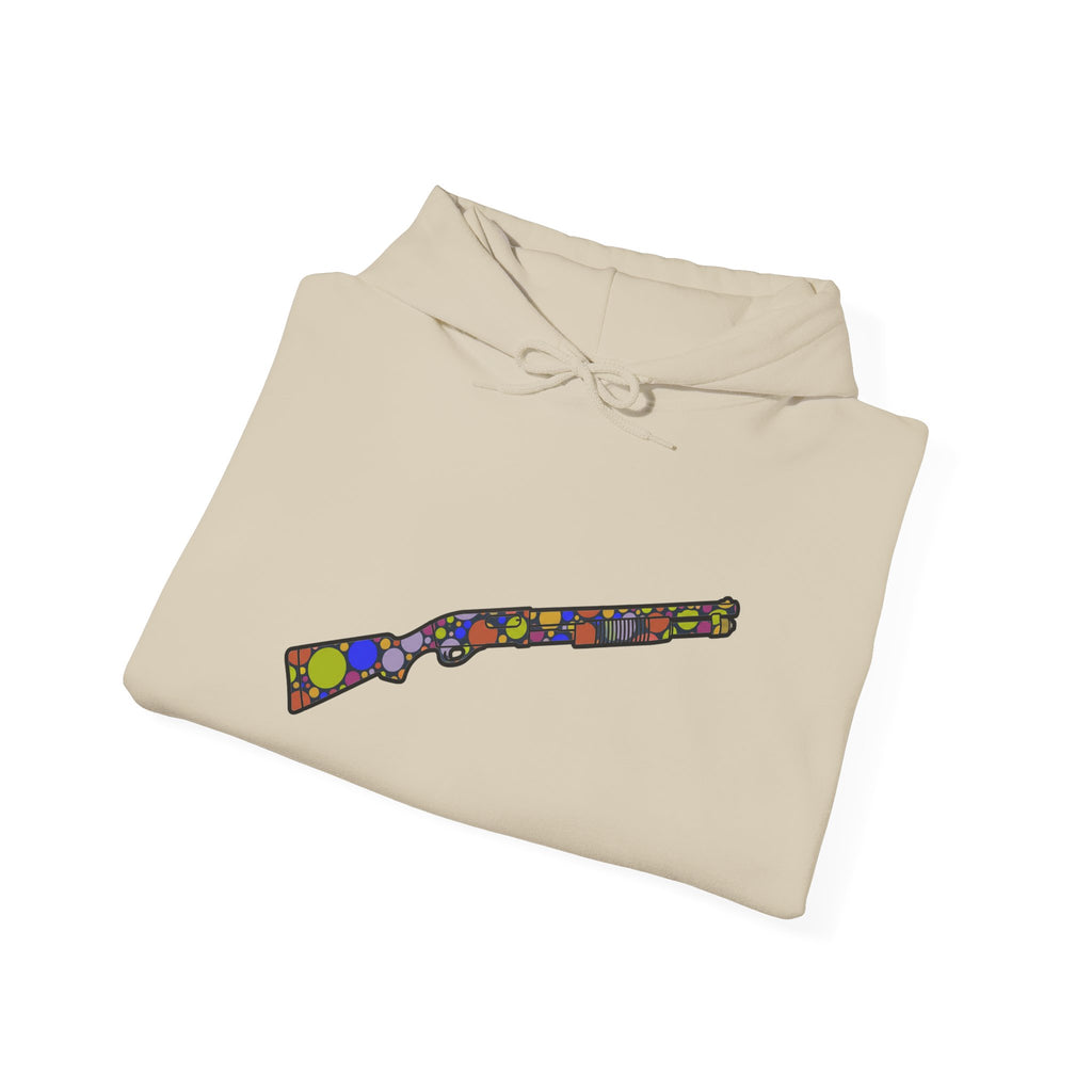 Shotgun Dot Silhouette Hoodie — Colorful Retro Hunting Sweatshirt
