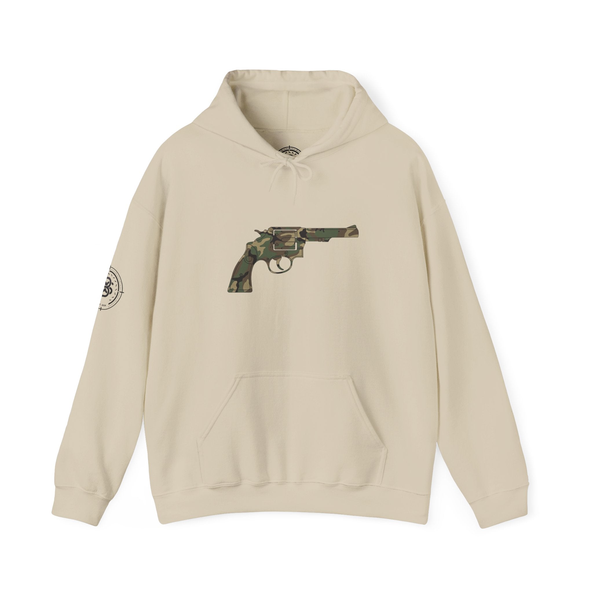 Revolver Graphic Hoodie - Vintage Camouflage Pistol Illustration
