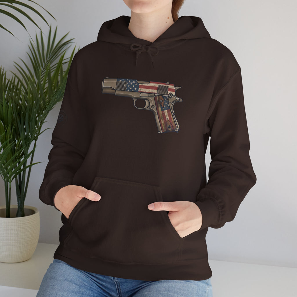 United States Flag Pistol Graphic Hoodie — Patriotic Firearm Graphic Sweatshirt