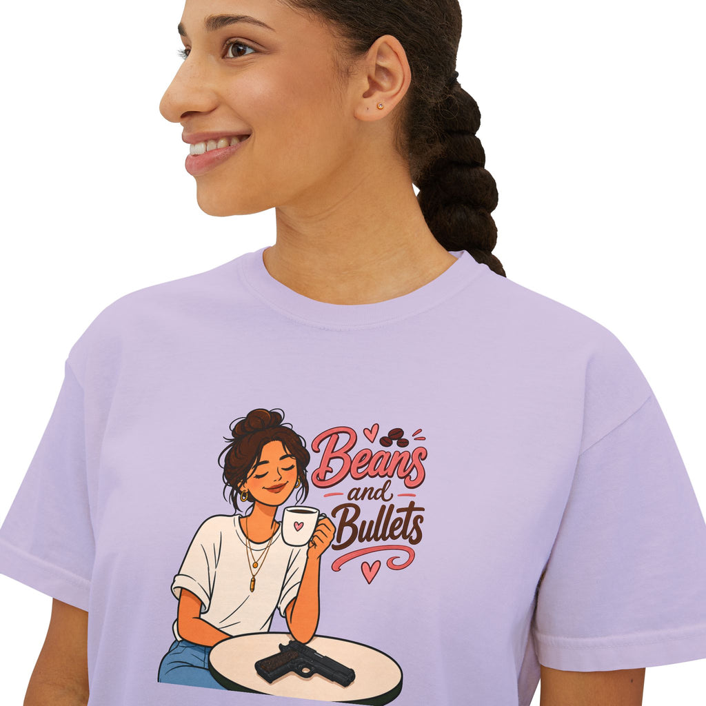 Beans and Bullets Women's Boxy Tee – Coffee Lover Graphic Crop Tee