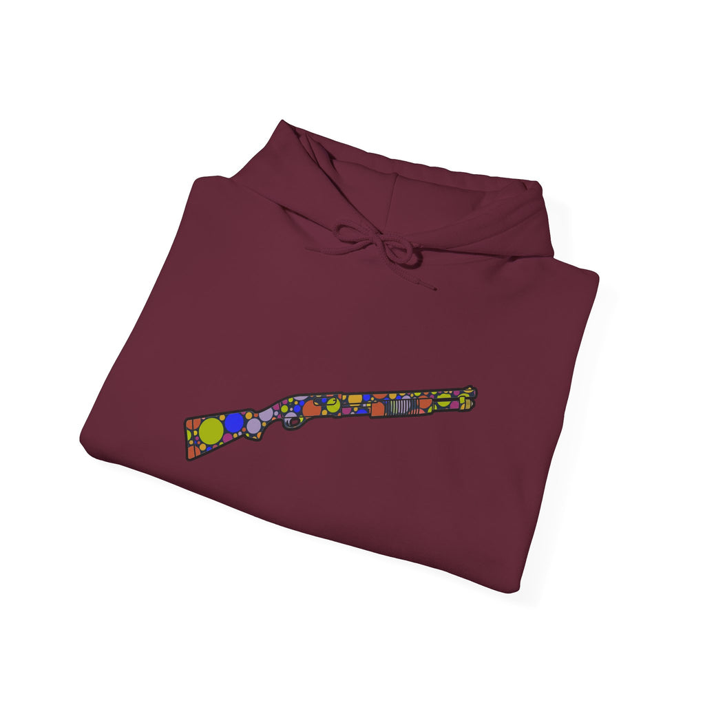 Shotgun Dot Silhouette Hoodie — Colorful Retro Hunting Sweatshirt