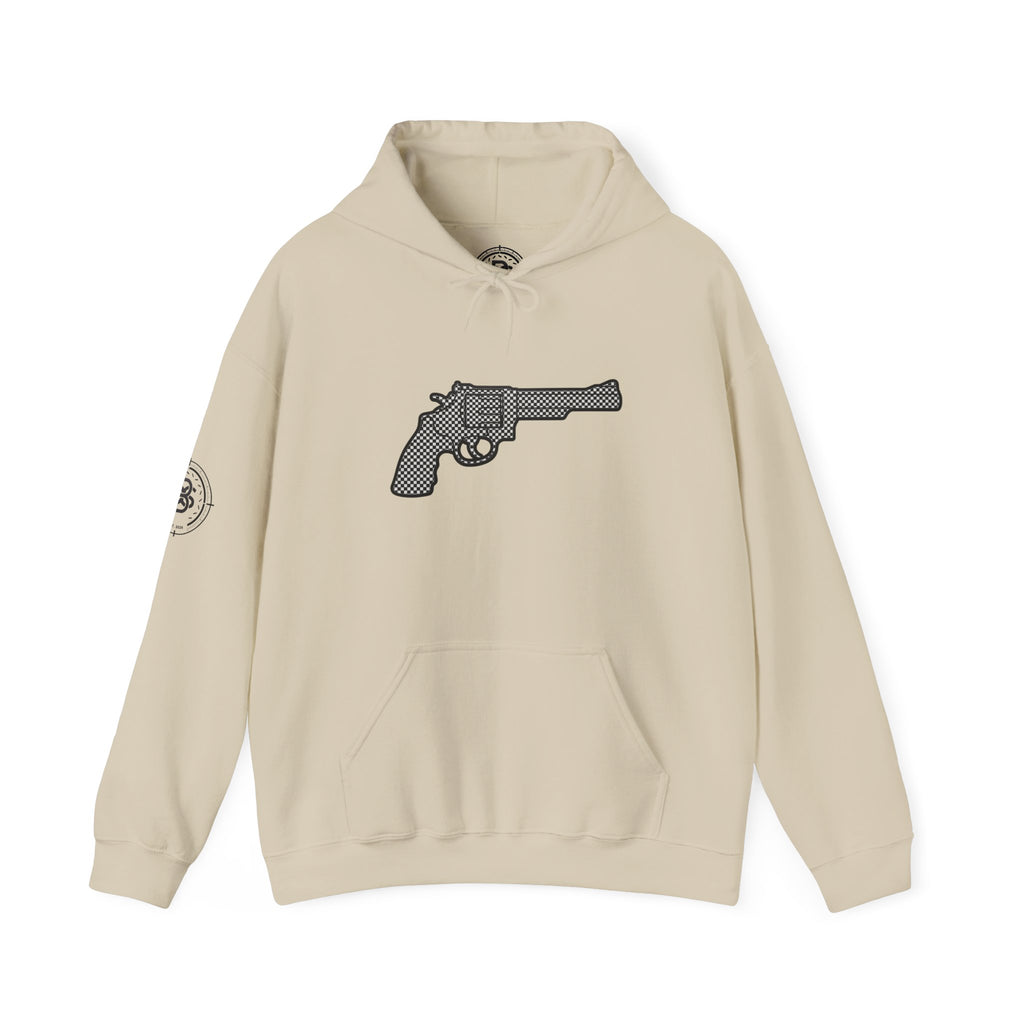 Checkered Revolver Hoodie — Retro Gun Graphic Pullover