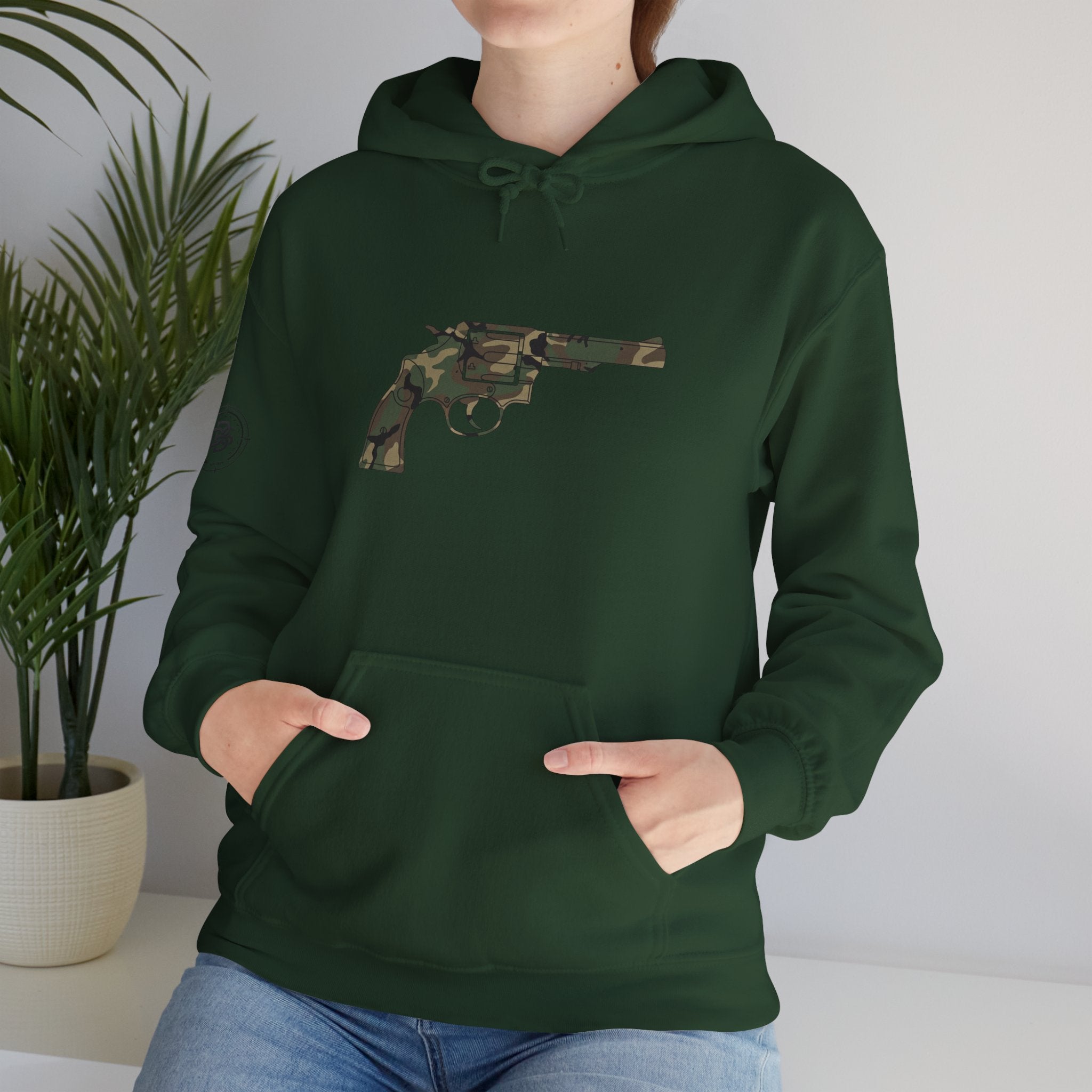 Revolver Graphic Hoodie - Vintage Camouflage Pistol Illustration
