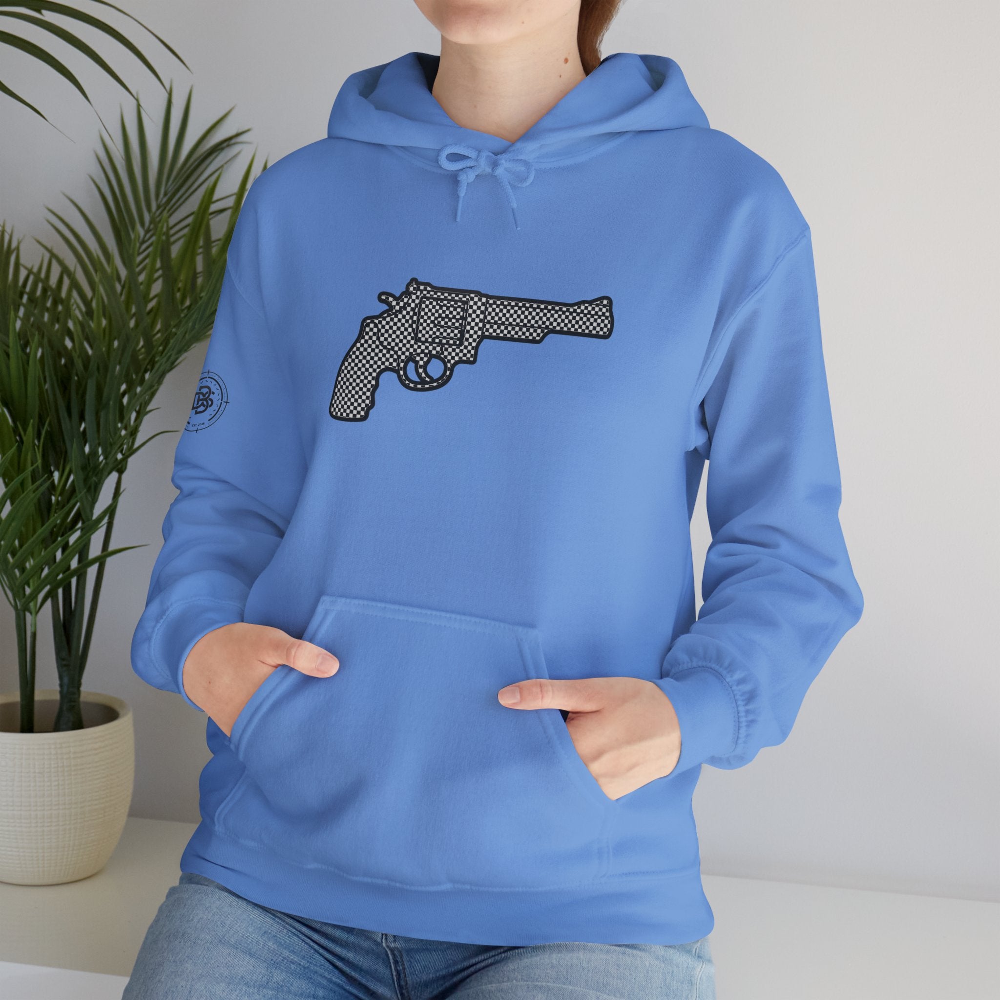 Checkered Revolver Hoodie — Retro Gun Graphic Pullover