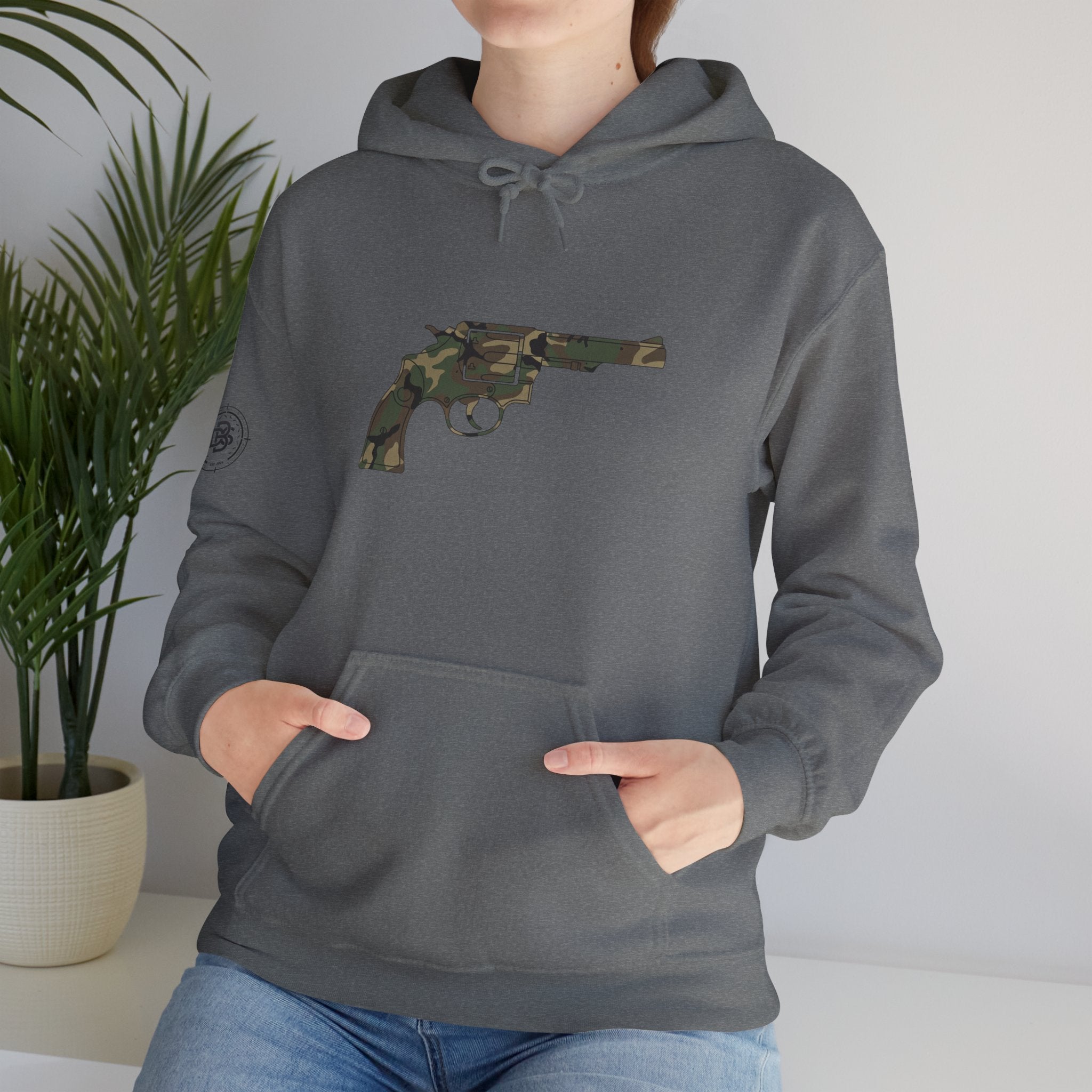 Revolver Graphic Hoodie - Vintage Camouflage Pistol Illustration