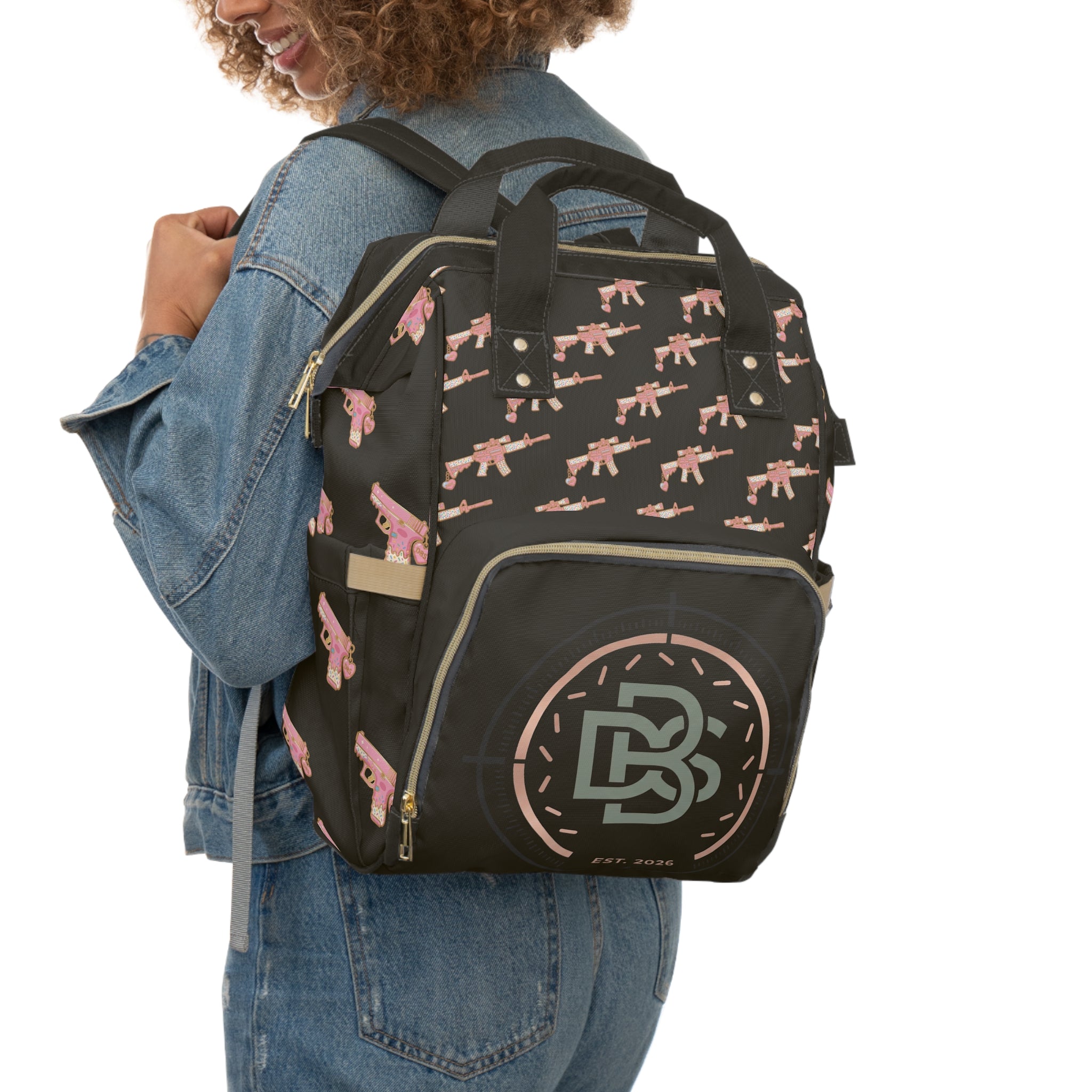 Black & Pink Multigun Print Backpack