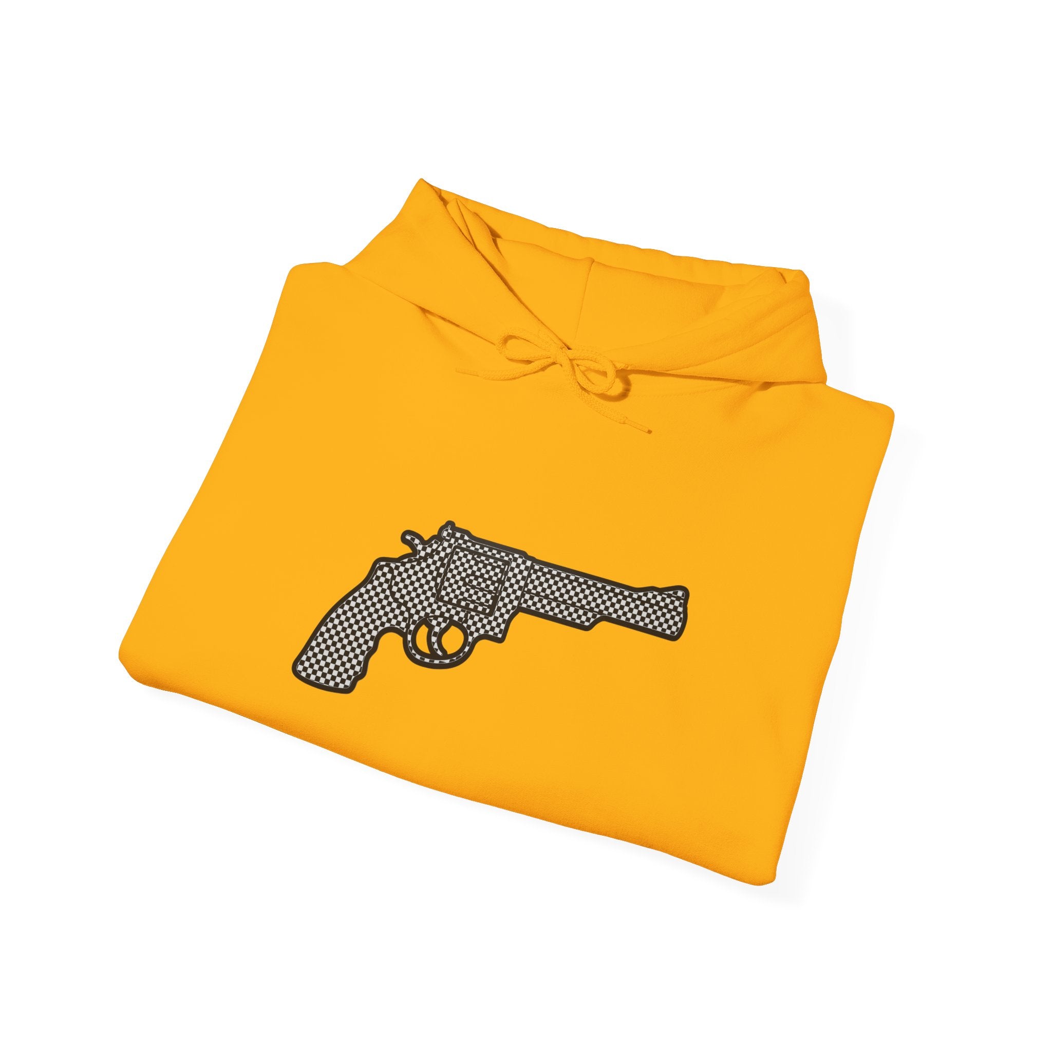 Checkered Revolver Hoodie — Retro Gun Graphic Pullover