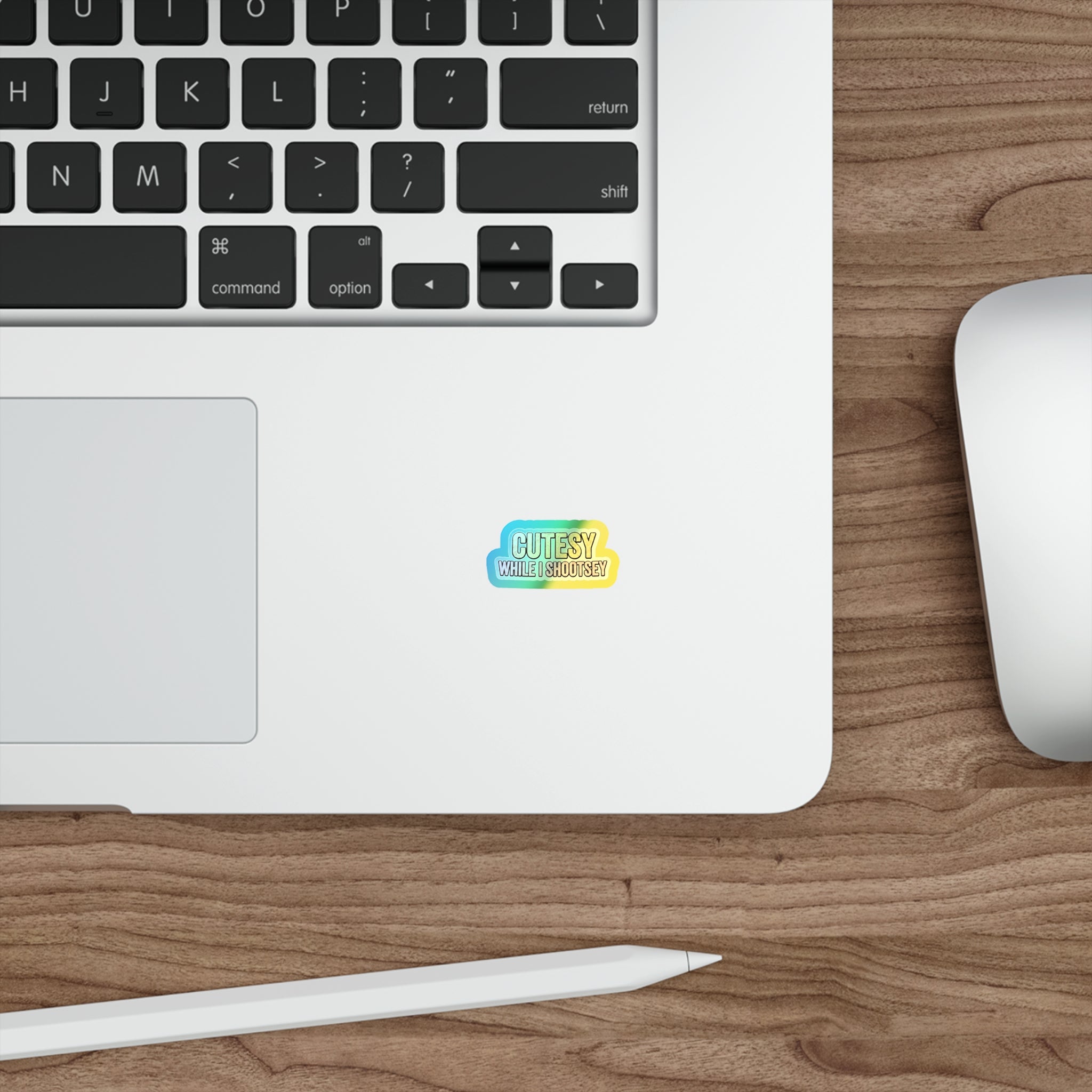 Holographic "Cutesy While I Shootsey" Die-Cut Sticker