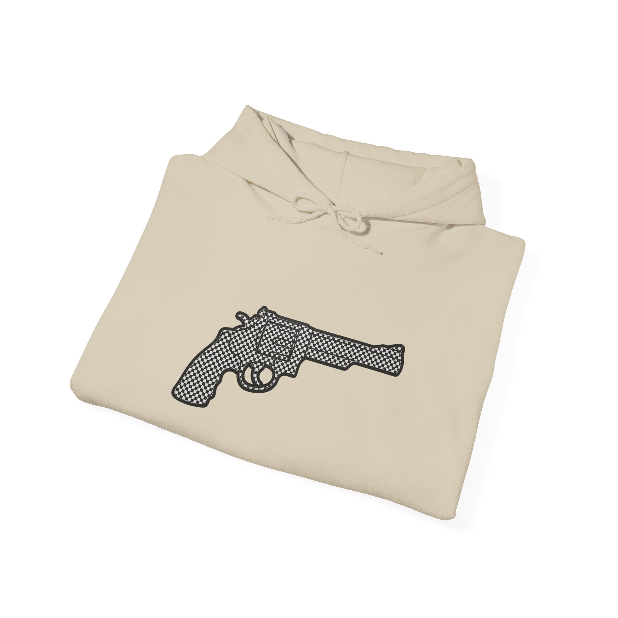Checkered Revolver Hoodie — Retro Gun Graphic Pullover