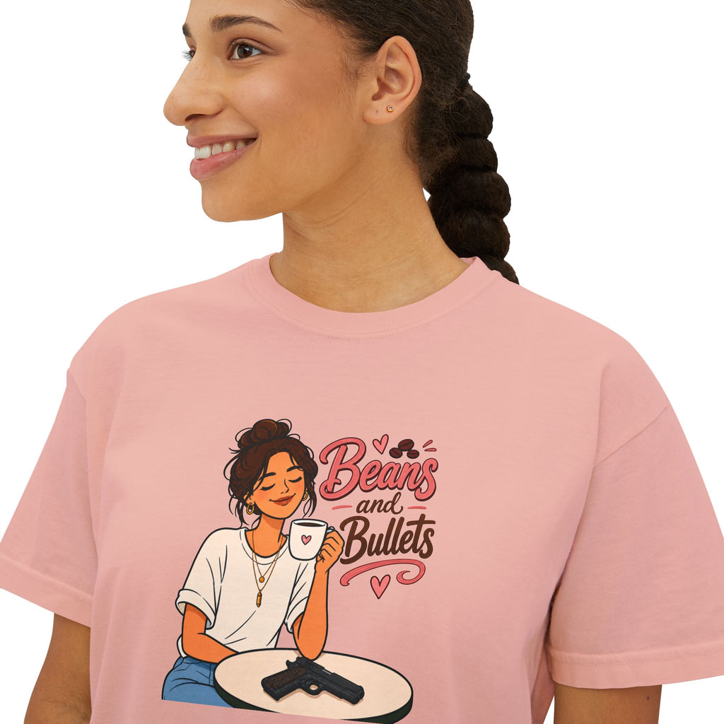 Beans and Bullets Women's Boxy Tee – Coffee Lover Graphic Crop Tee