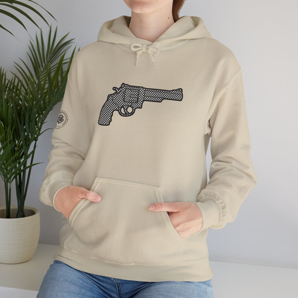 Checkered Revolver Hoodie — Retro Gun Graphic Pullover