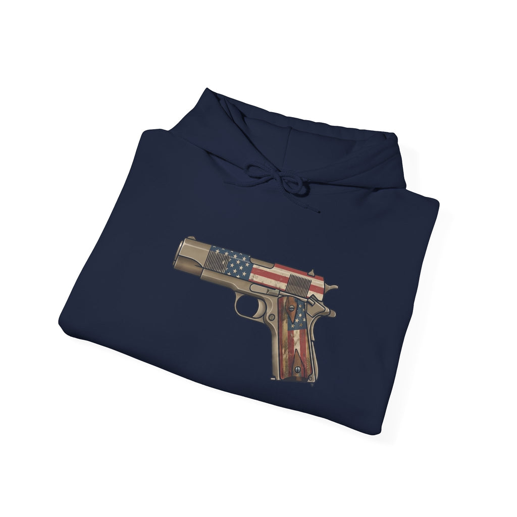 United States Flag Pistol Graphic Hoodie — Patriotic Firearm Graphic Sweatshirt