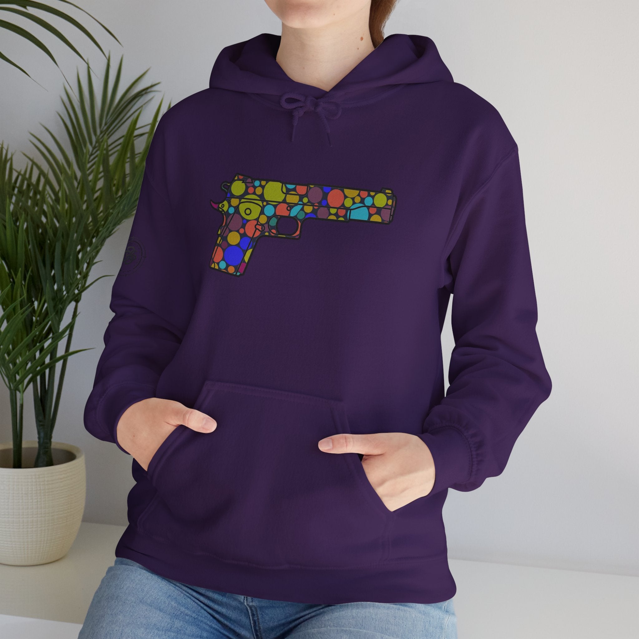 Dots Pistol Silhouette Hoodie — Colorful Mosaic Pistol Graphic Sweatshirt